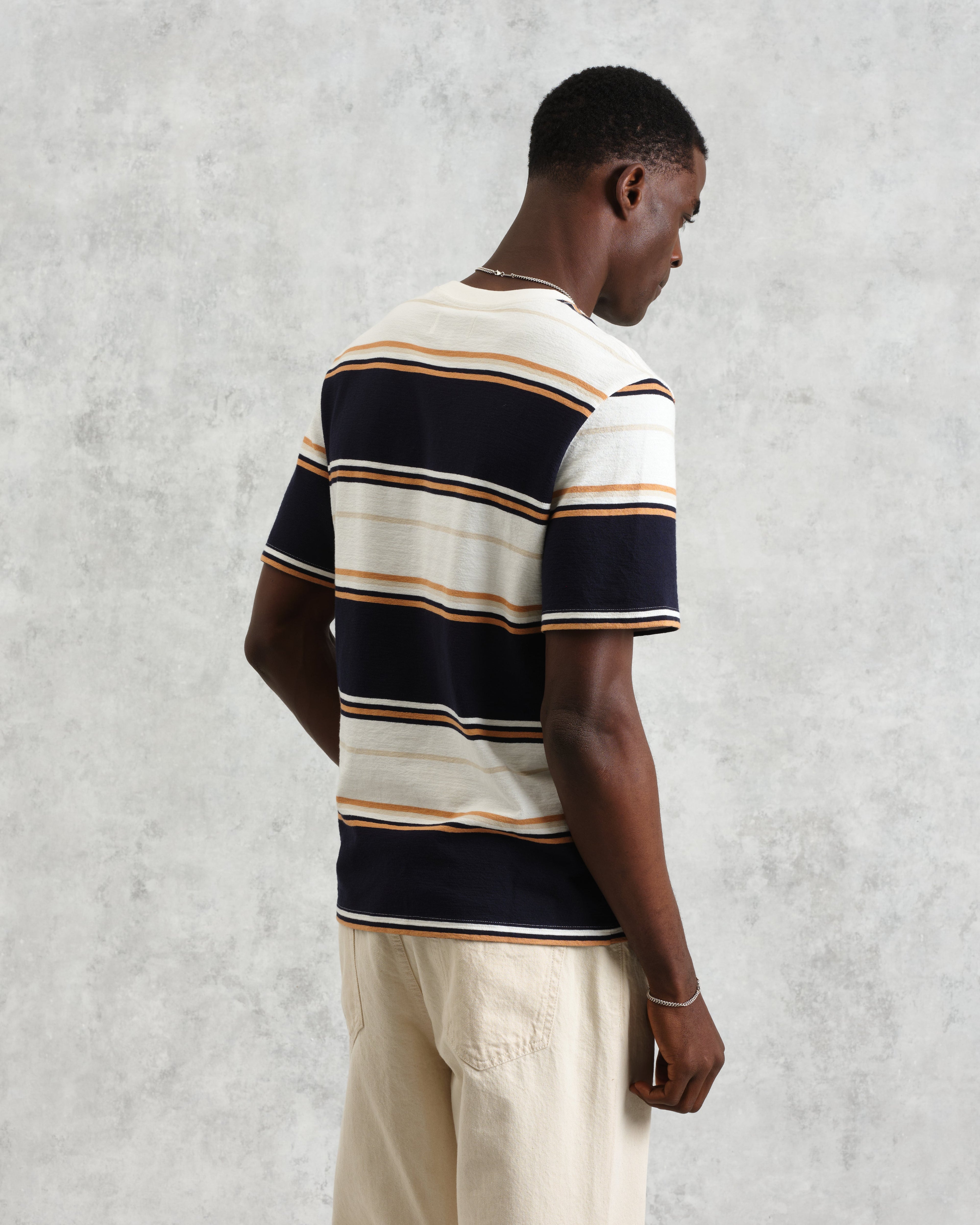 Dean - Navy And Ecru Stripe Textured Organic Cotton T-Shirt