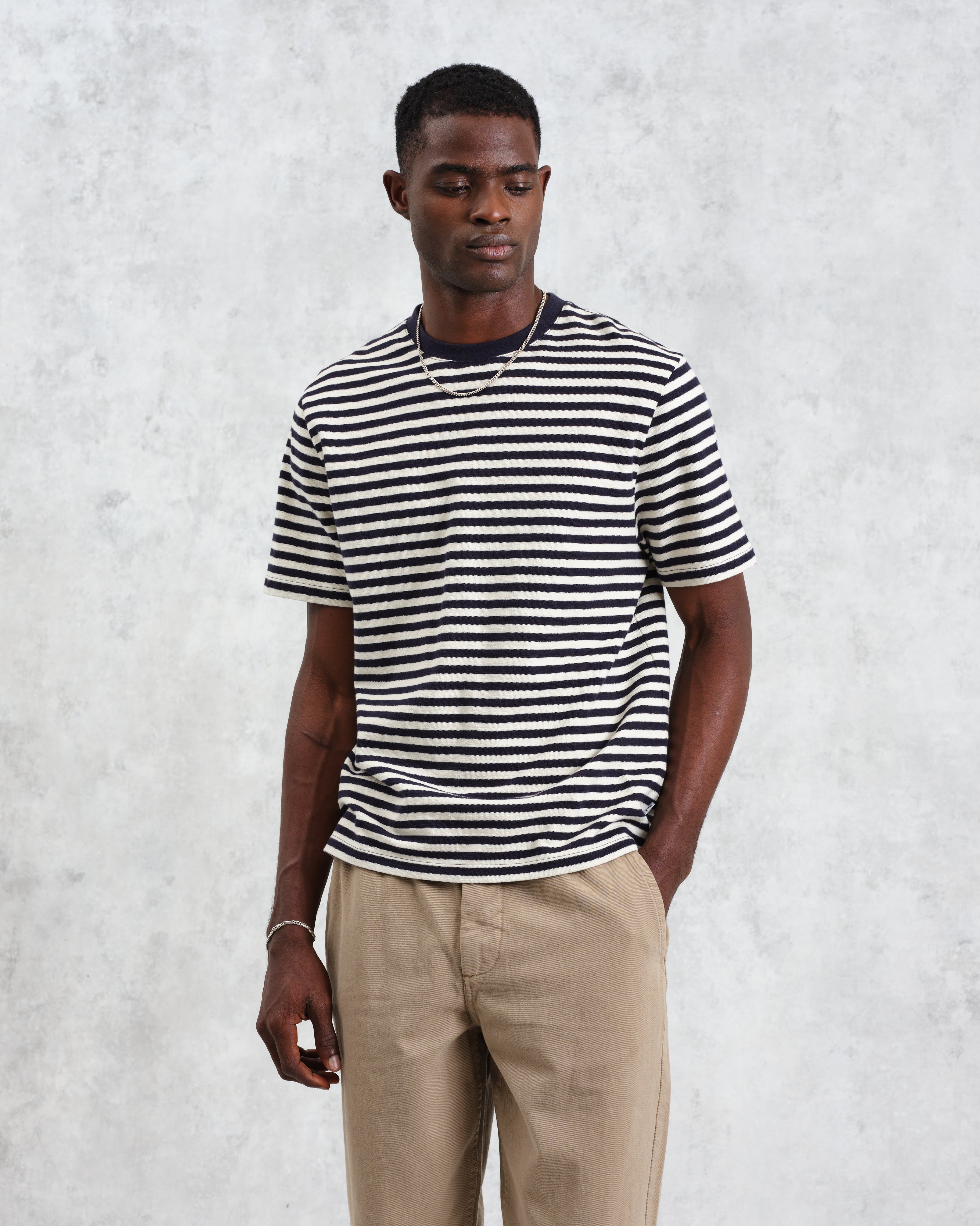Dean - Navy/Ecru Striped Textured Organic Cotton T-Shirt