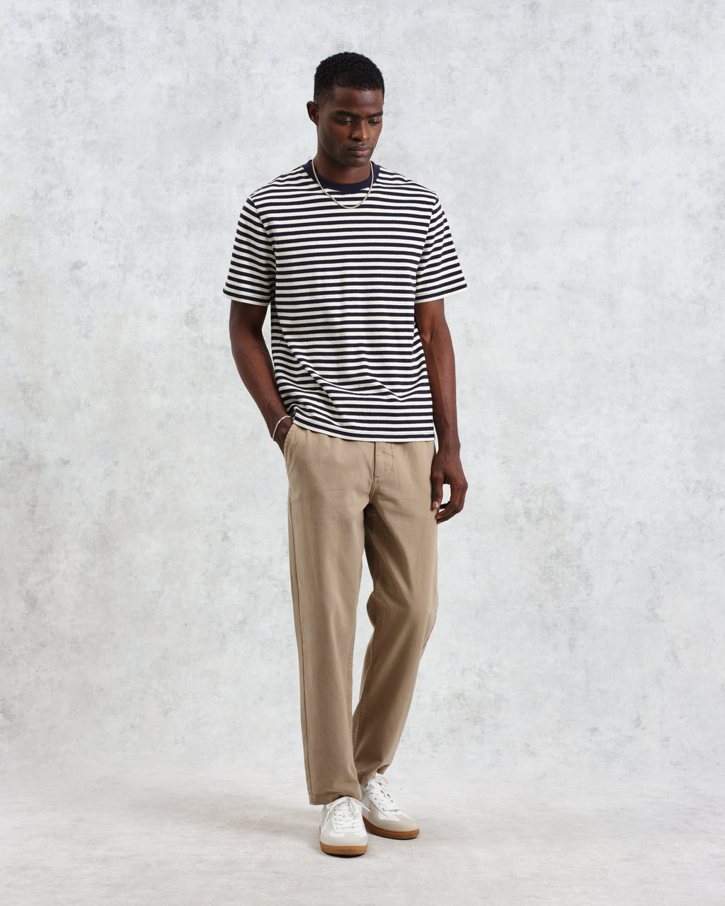 Dean - Navy/Ecru Striped Textured Organic Cotton T-Shirt