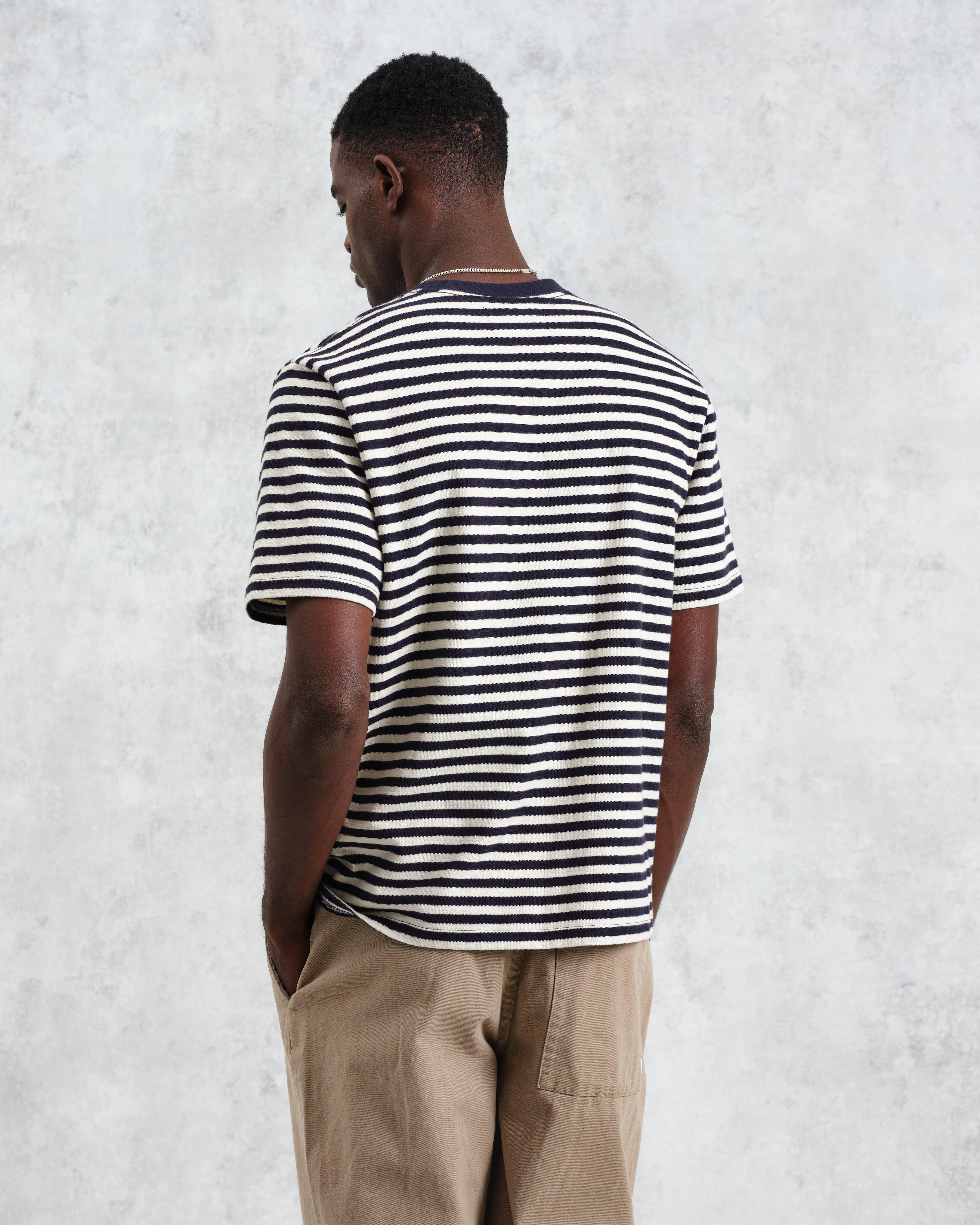 Dean - Navy/Ecru Striped Textured Organic Cotton T-Shirt