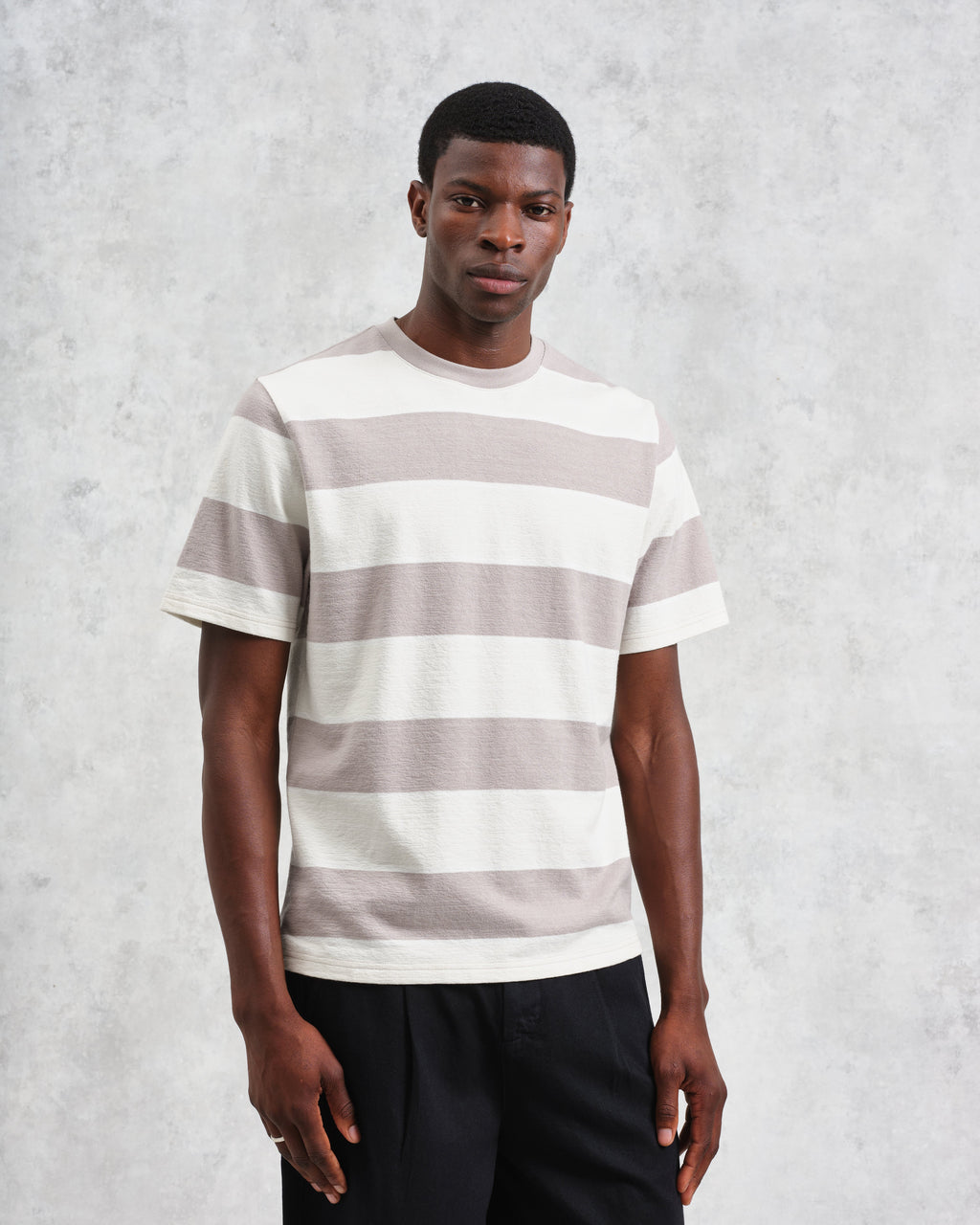 Dean - Taupe Grey And Ecru Stripe Textured Organic Cotton T-Shirt