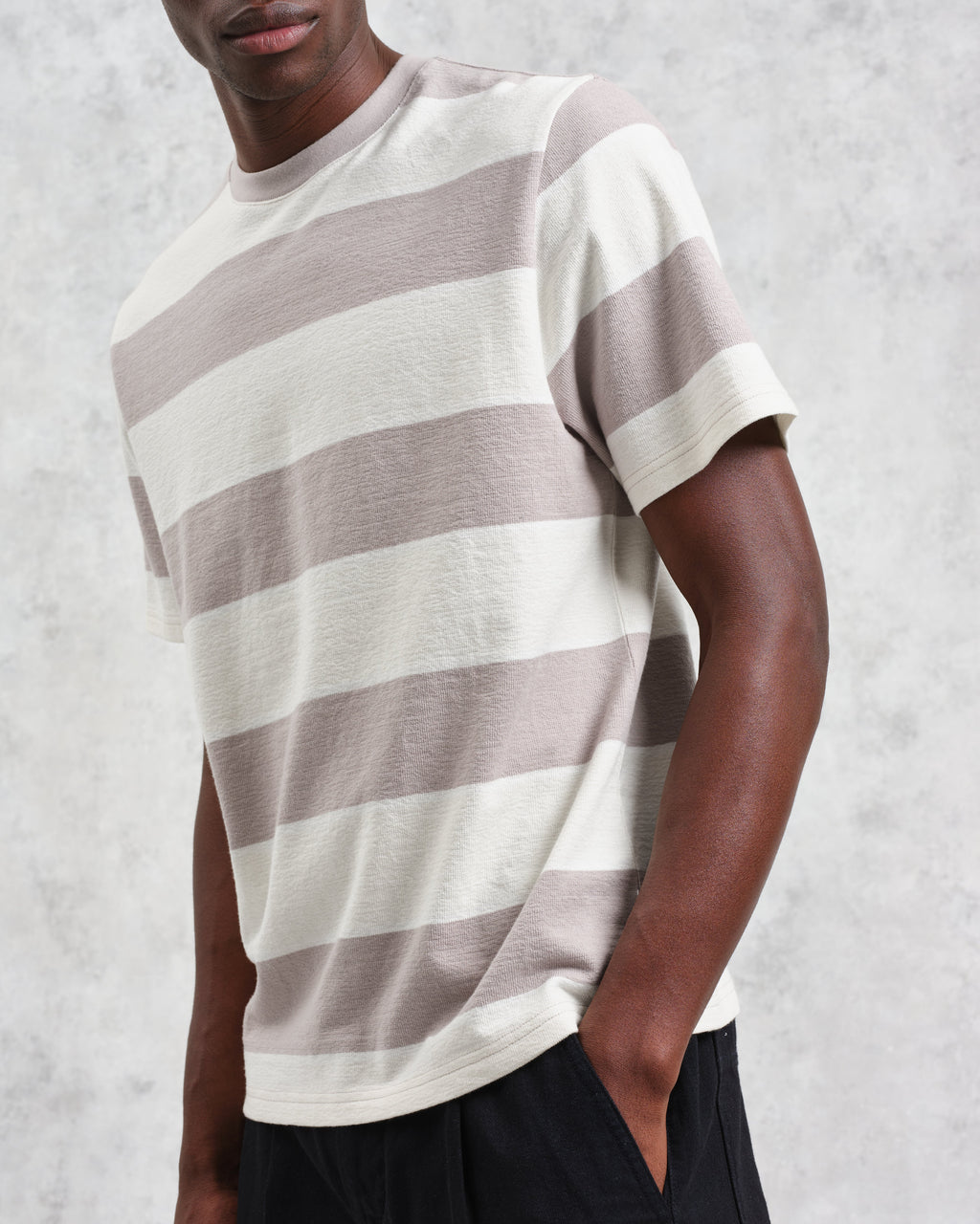Dean - Taupe Grey And Ecru Stripe Textured Organic Cotton T-Shirt