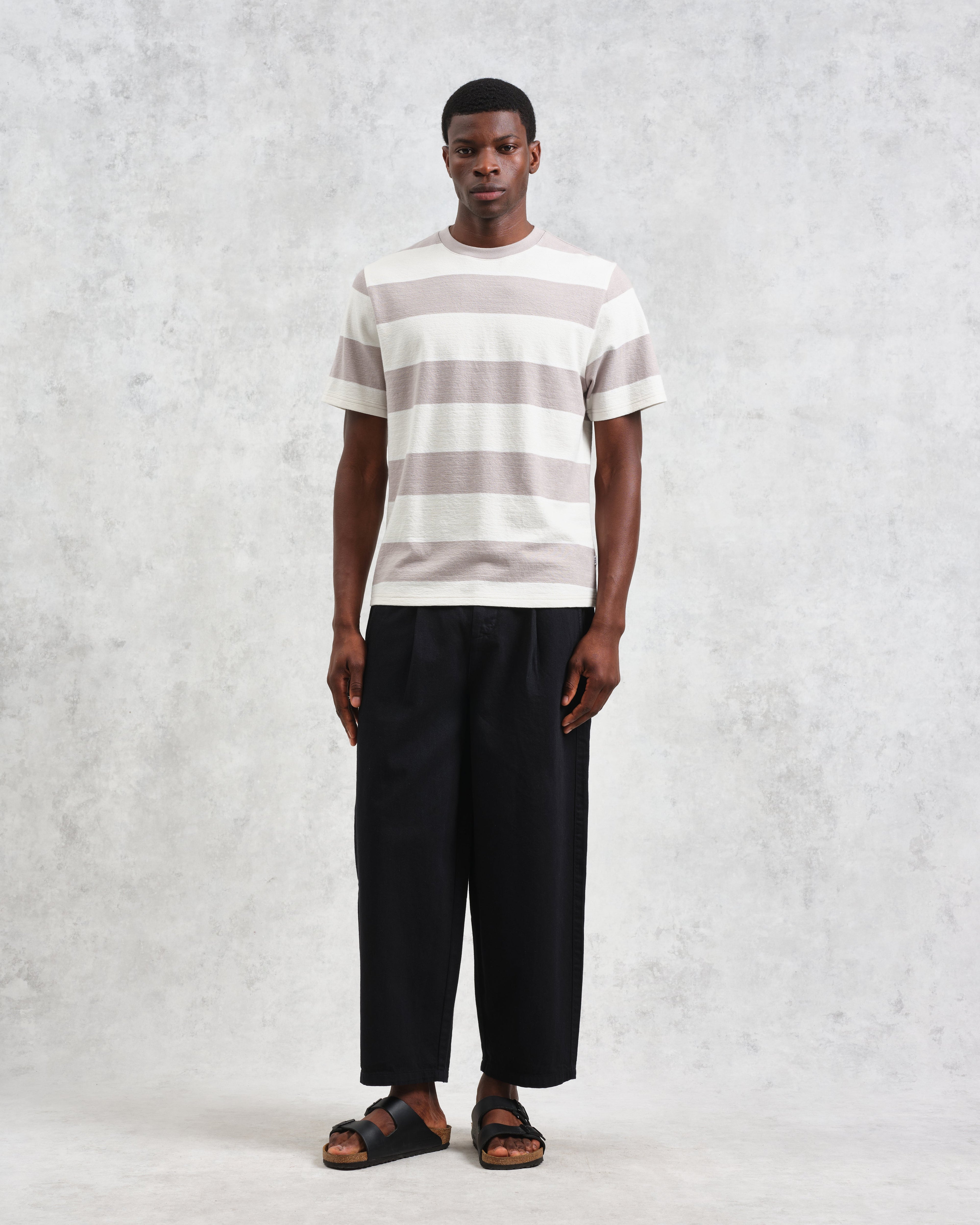 Dean - Taupe Grey And Ecru Stripe Textured Organic Cotton T-Shirt