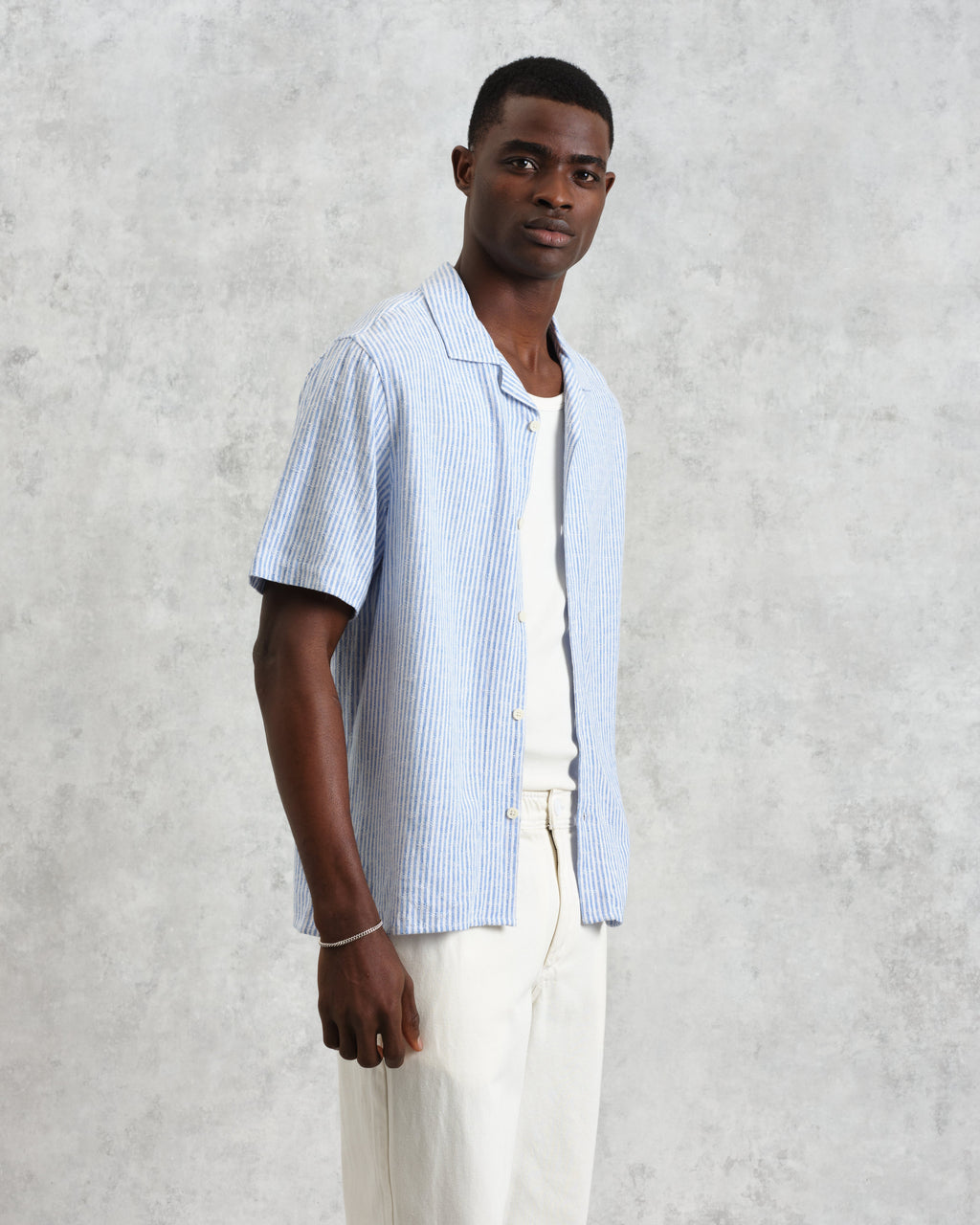 Didcot - Blue And White Textured Stripe Short-Sleeve Shirt