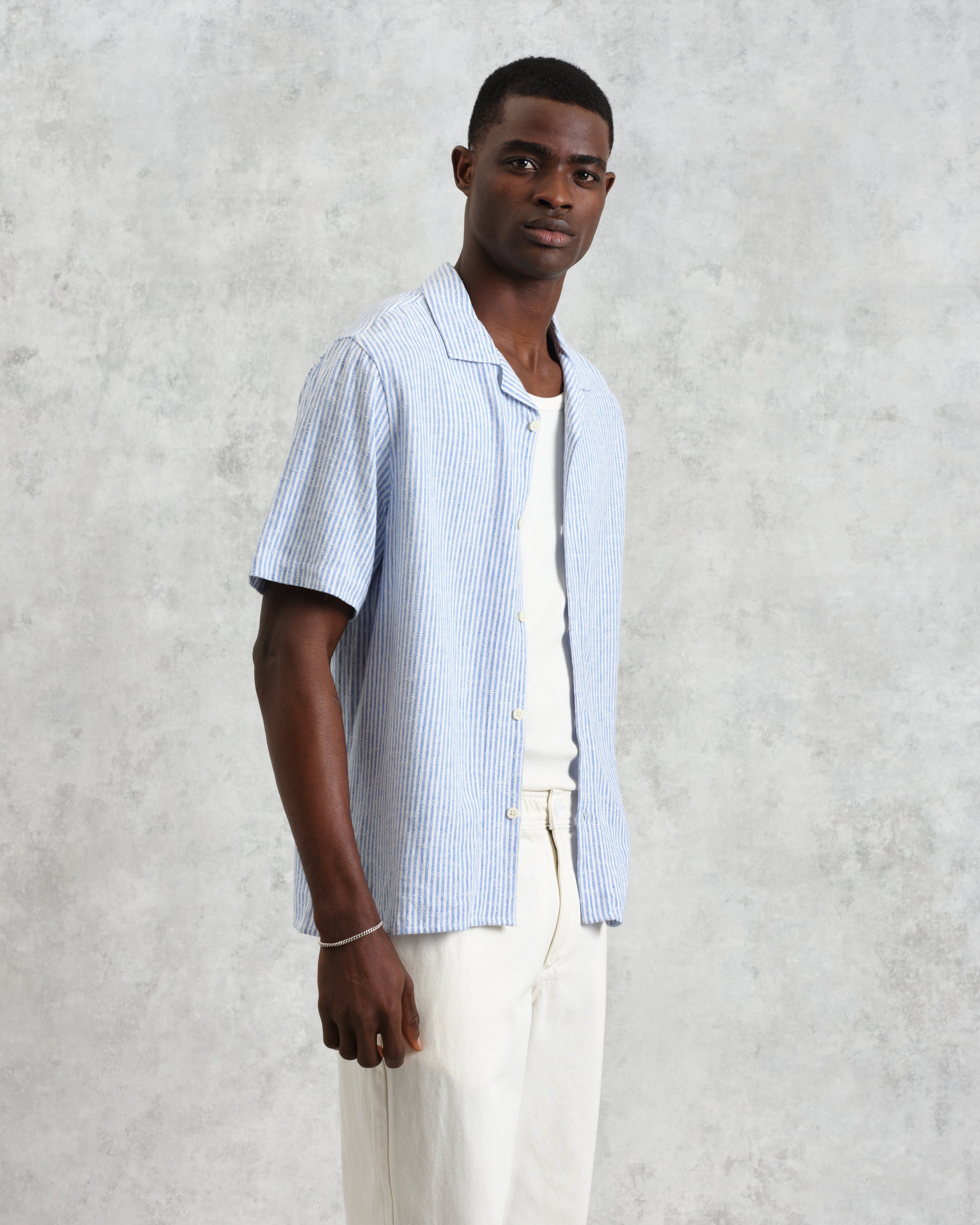 Didcot - Blue And White Textured Stripe Short-Sleeve Shirt