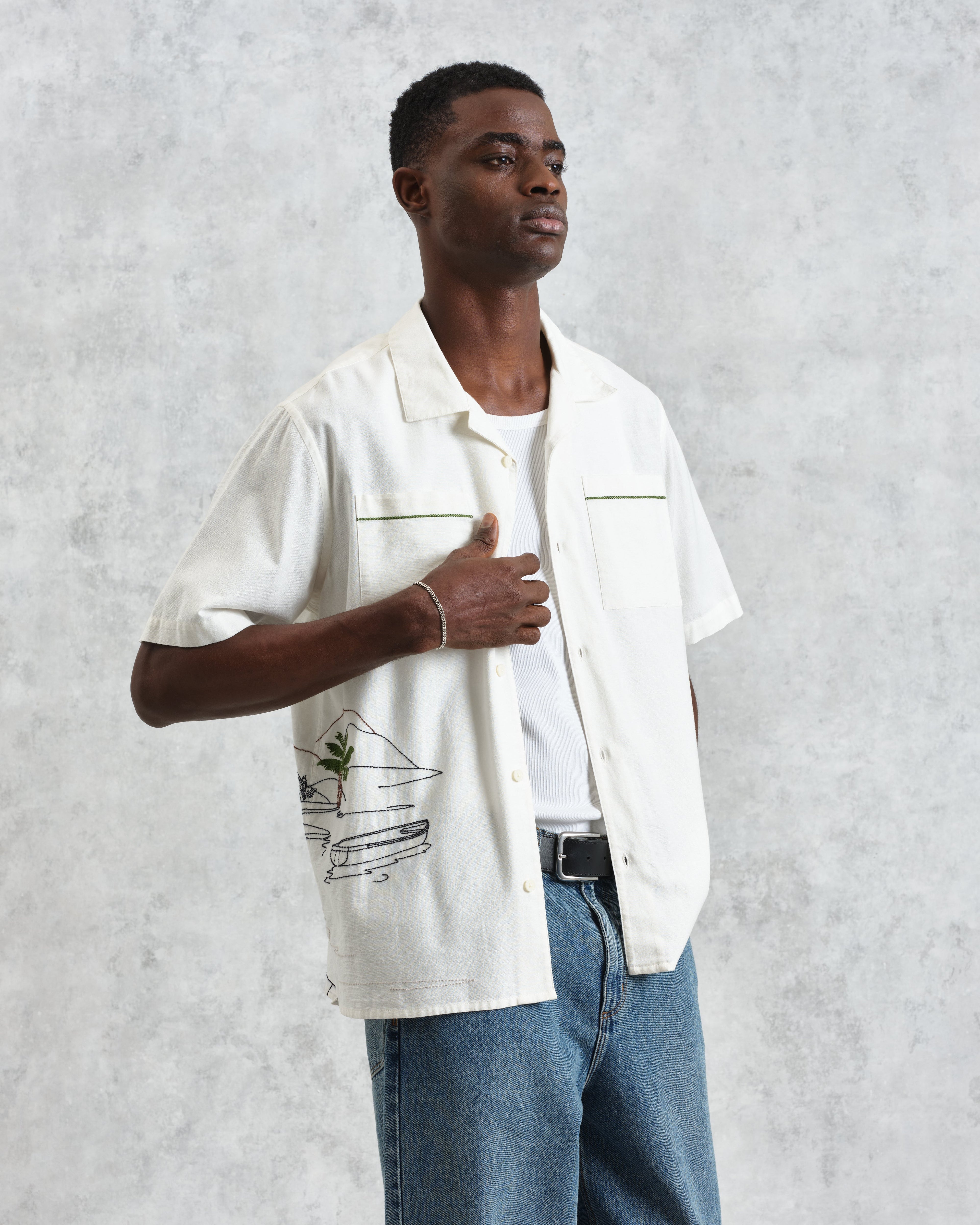 Didcot - Ecru And Multicolour Embroidered Short-Sleeve Shirt