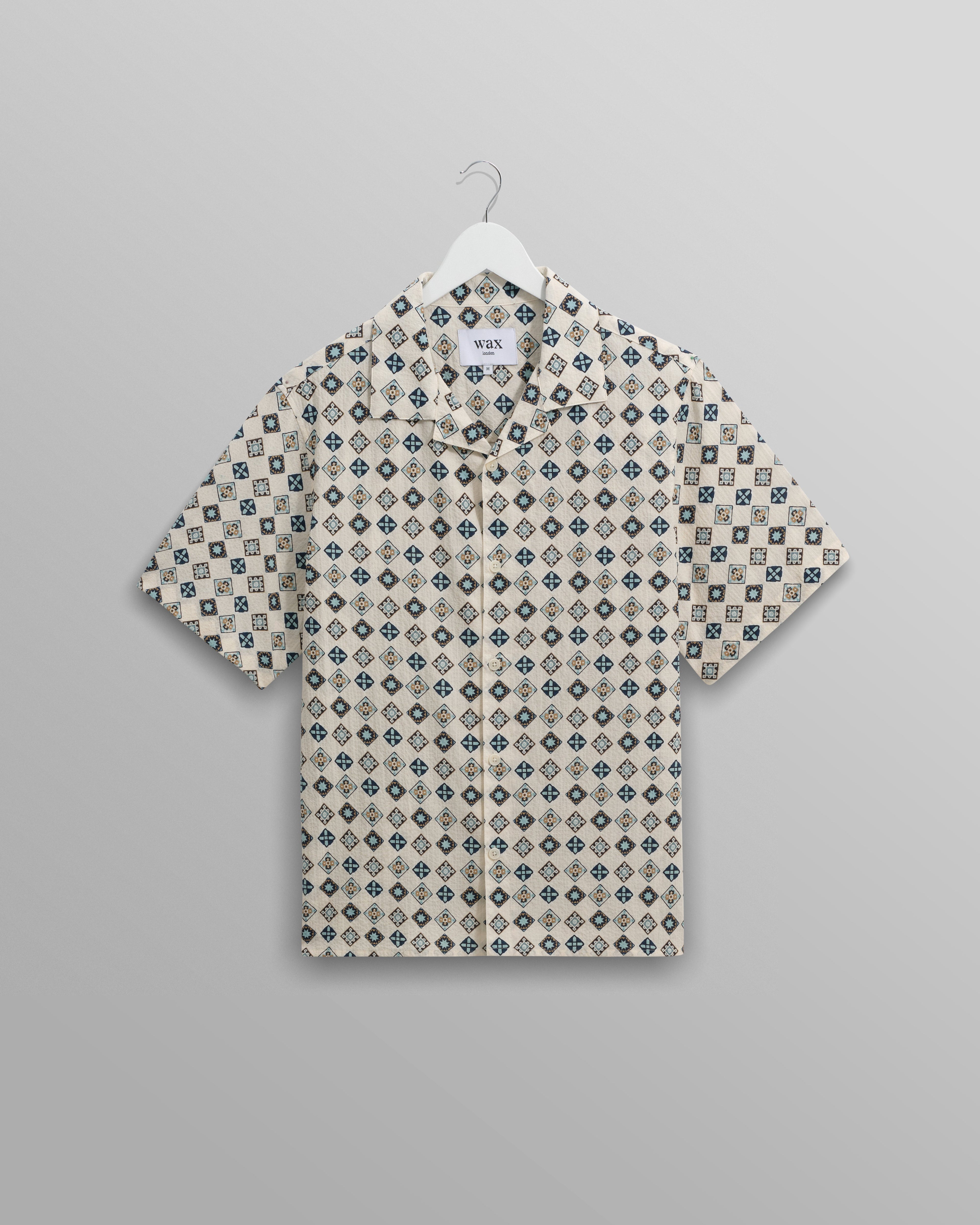 Didcot - Ecru And Multicolour Geometric Tile Seersucker Short-Sleeve Shirt