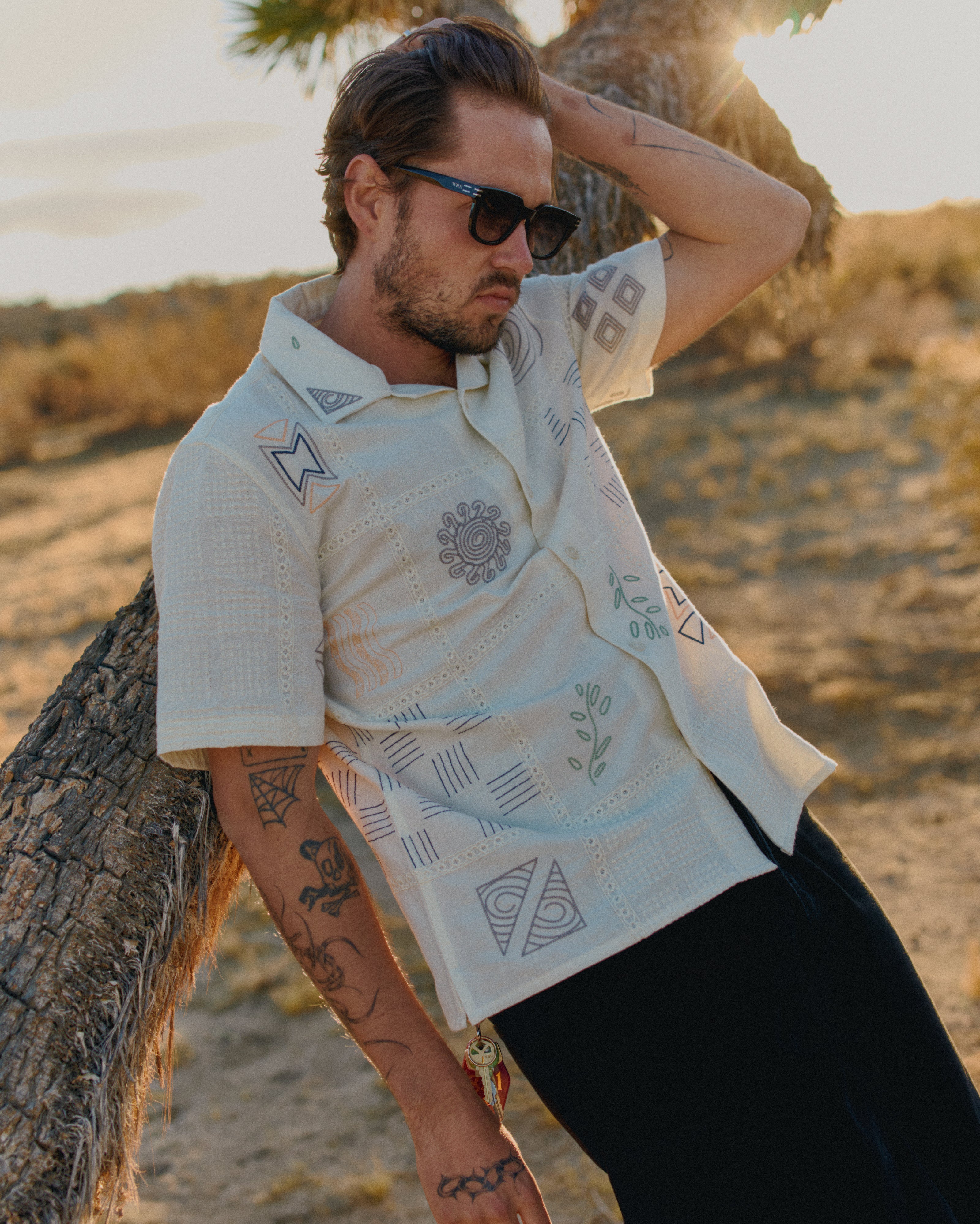 Didcot - Ecru Doodle Embroidered Short-Sleeve Shirt