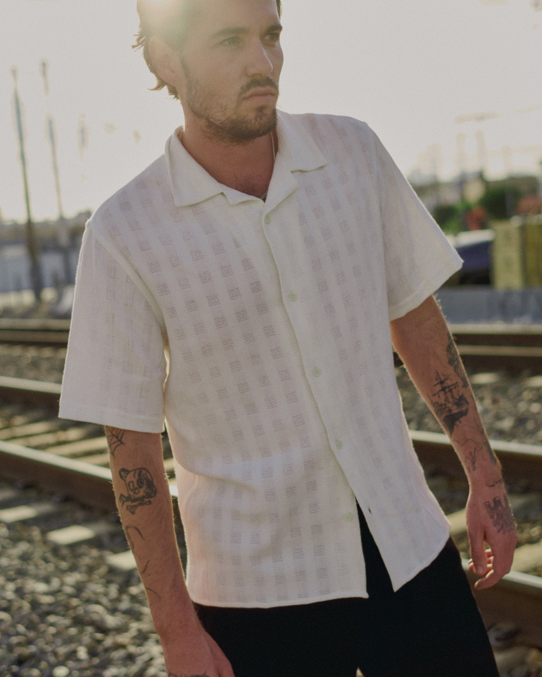 Didcot - Ecru Open Weave Cotton Short-Sleeve Shirt