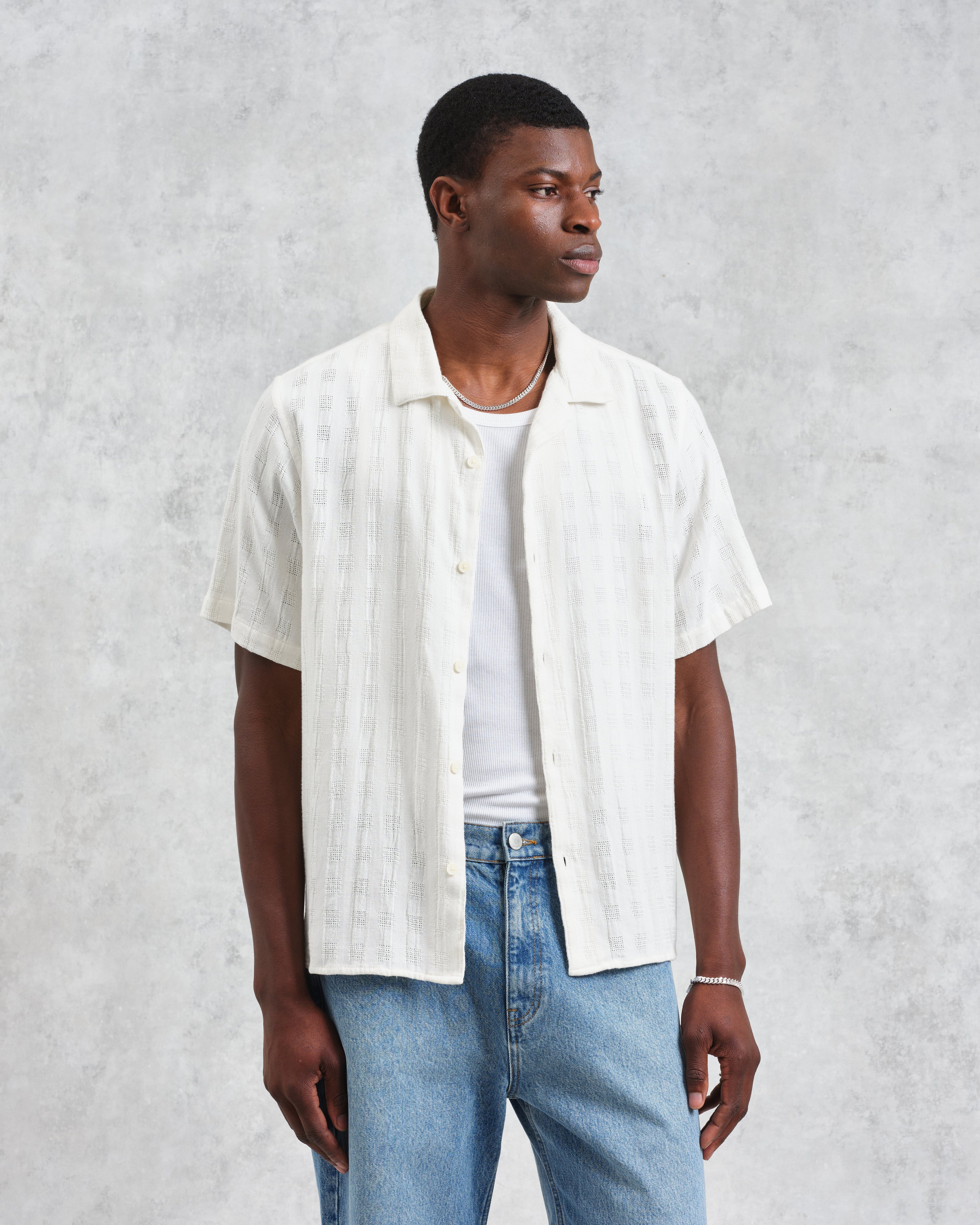 Didcot - Ecru Open Weave Cotton Short-Sleeve Shirt