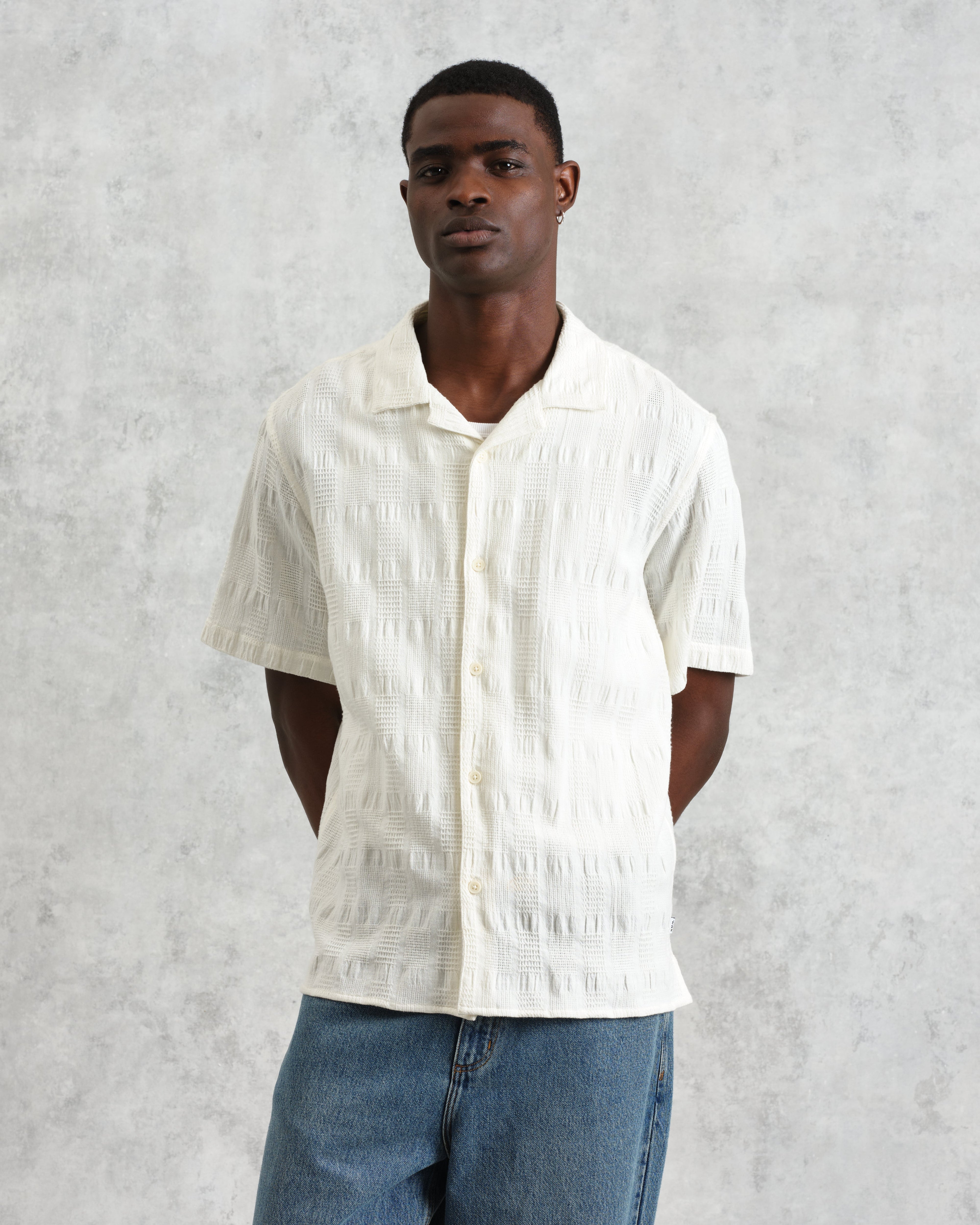 Didcot - Ecru Waffle Seersucker Cotton Short-Sleeve Shirt