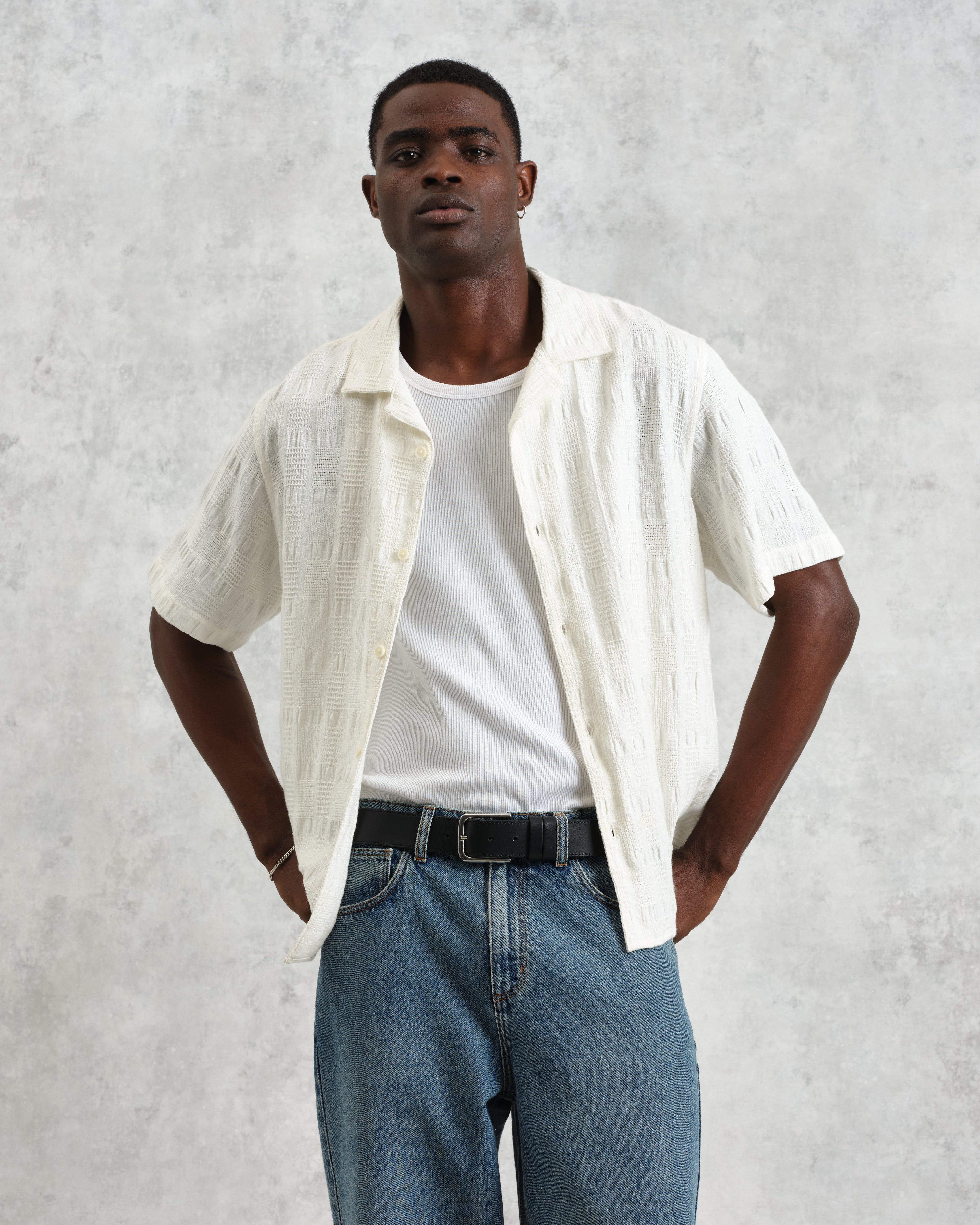 Didcot - Ecru Waffle Seersucker Cotton Short-Sleeve Shirt
