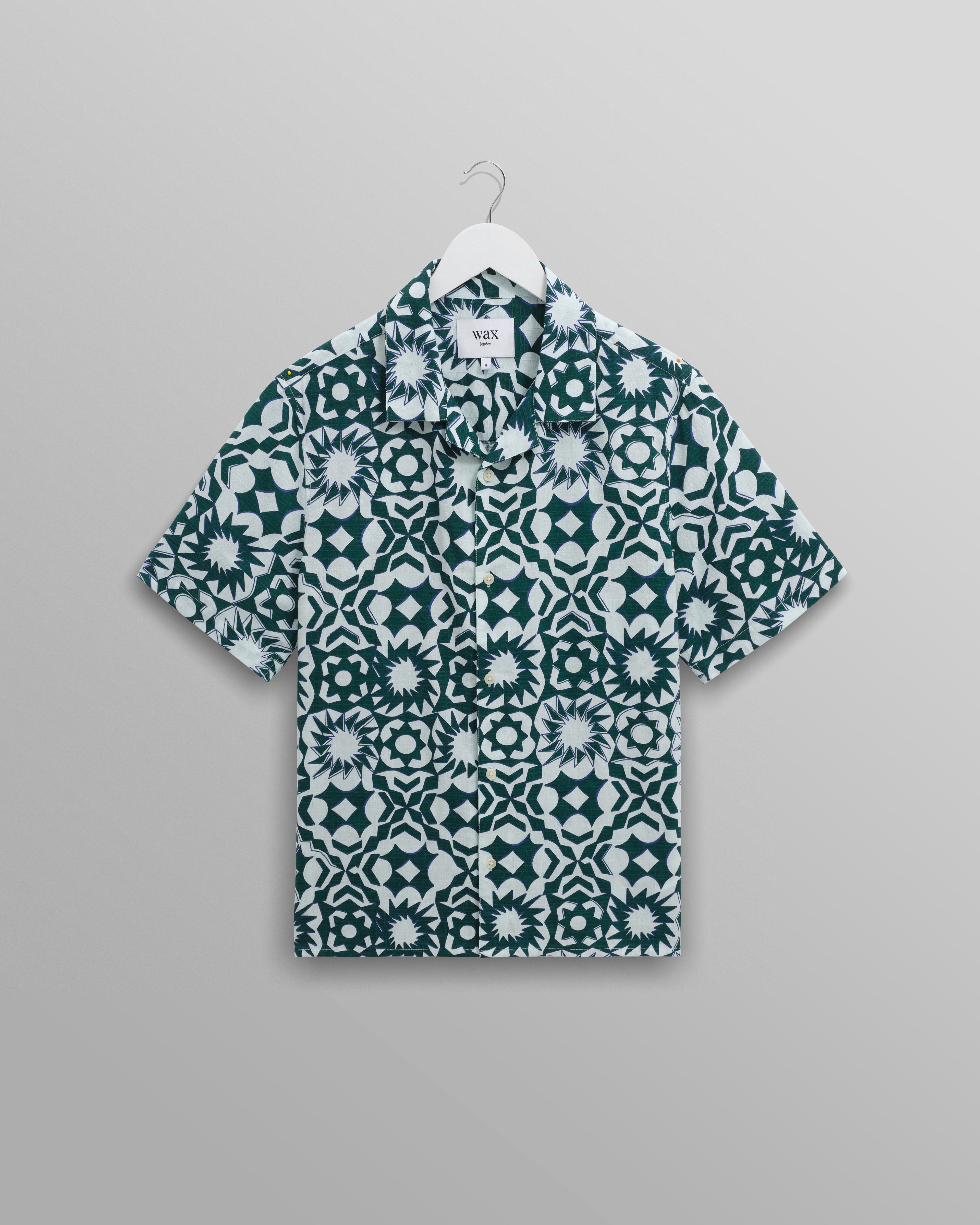 Didcot - Green And White Geometric Cotton Short-Sleeve Shirt