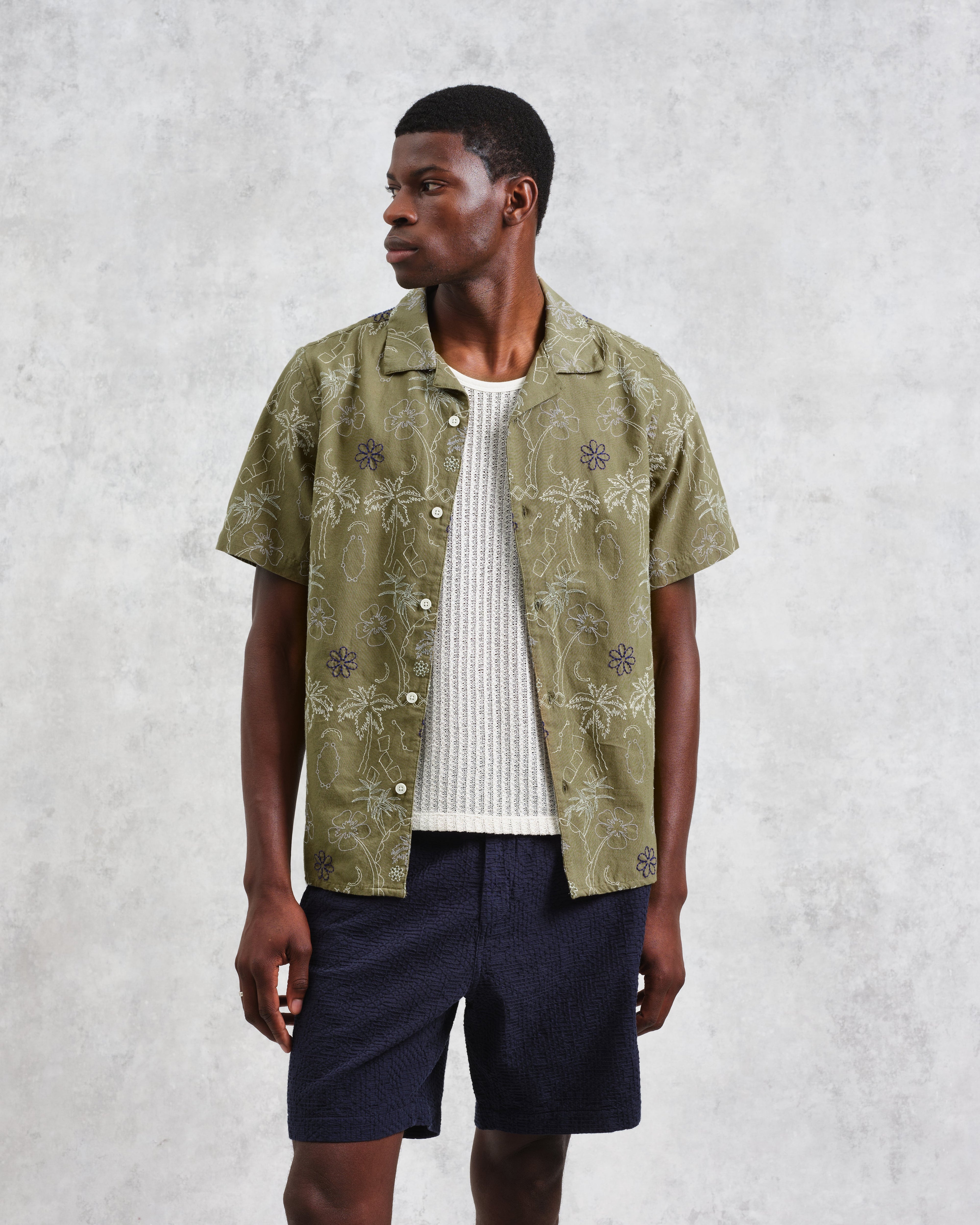 Didcot - Khaki Hawaiian Embroidered Short-Sleeve Shirt
