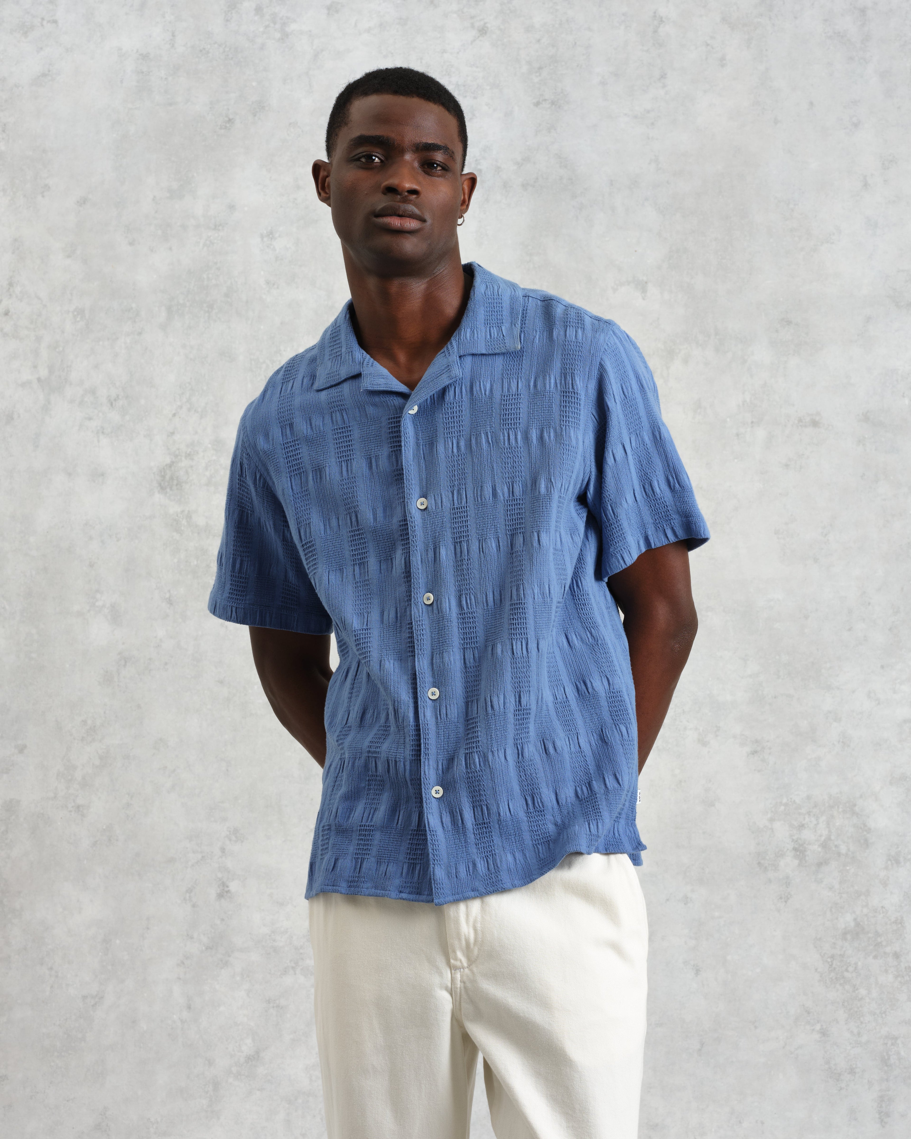 Didcot - Mid-Blue Waffle Seersucker Cotton Short-Sleeve Shirt