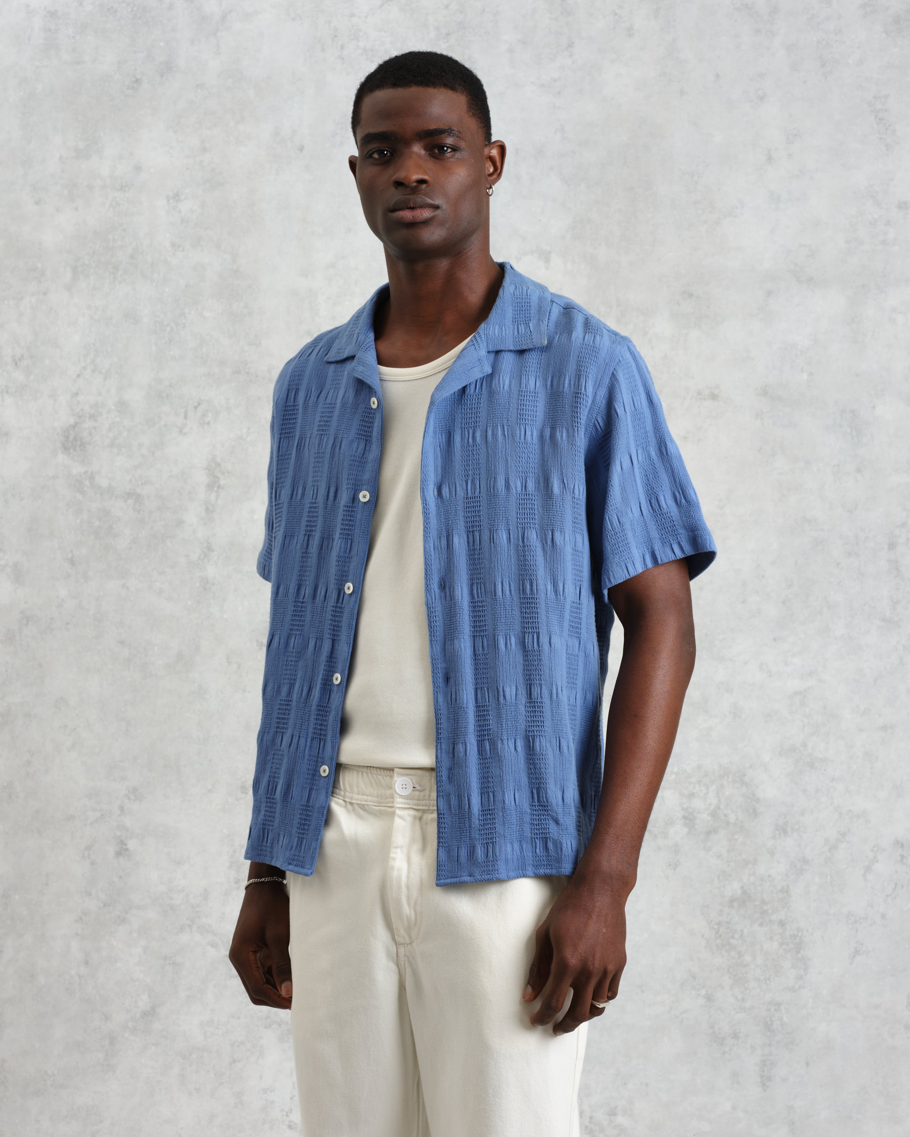Didcot - Mid-Blue Waffle Seersucker Cotton Short-Sleeve Shirt
