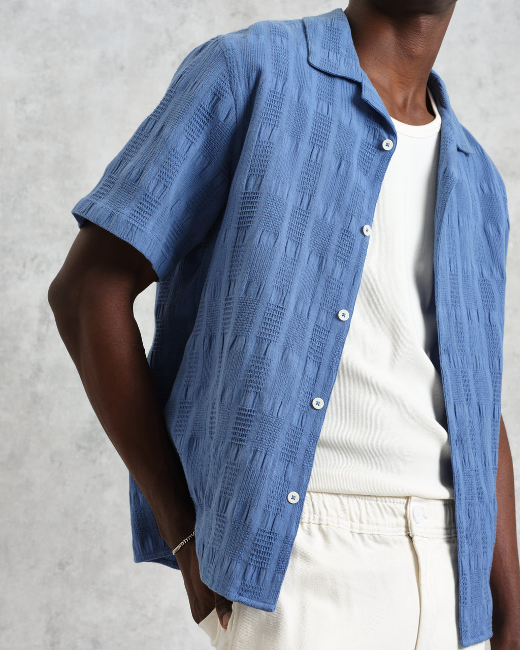 Didcot - Mid-Blue Waffle Seersucker Cotton Short-Sleeve Shirt