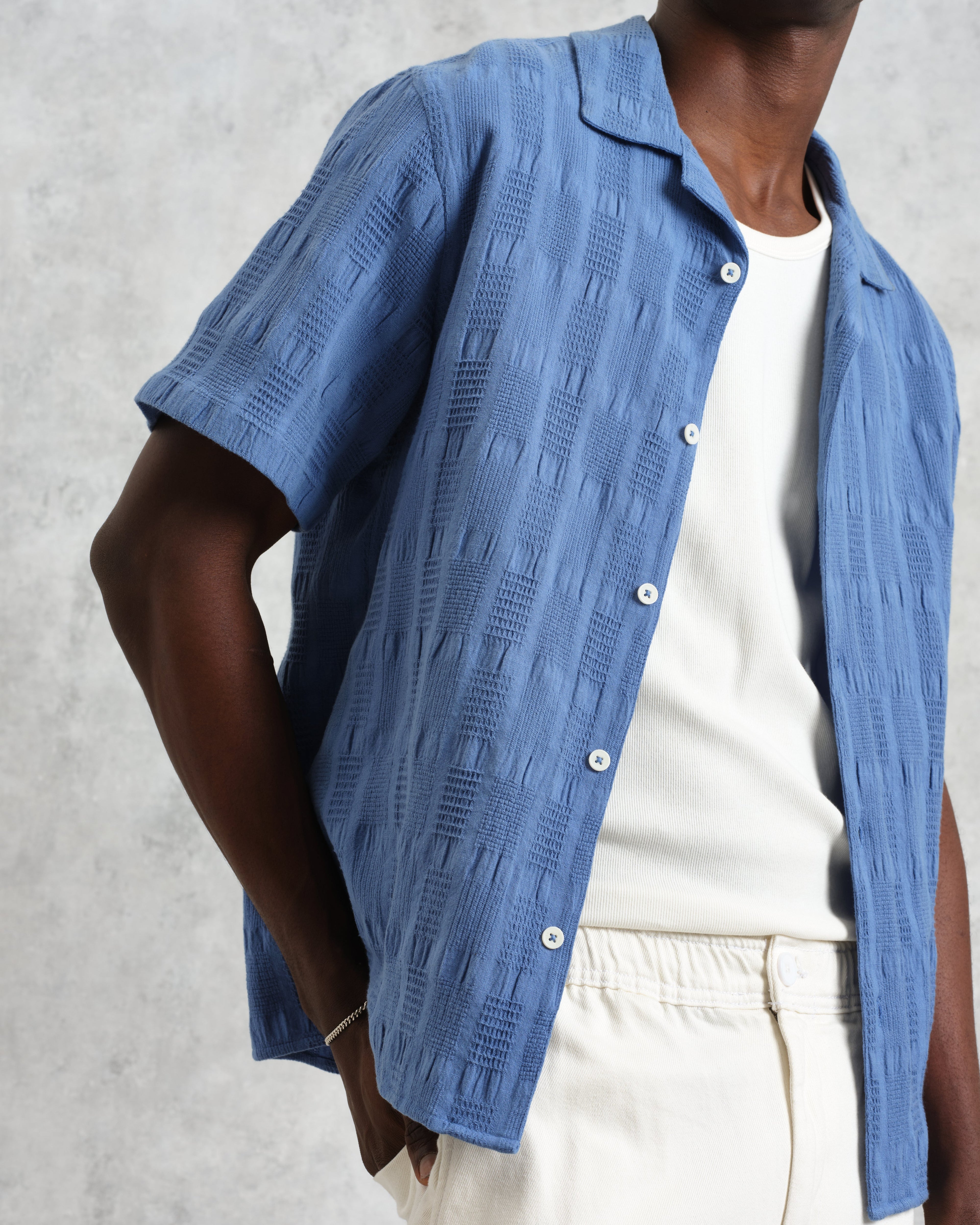 Didcot - Mid-Blue Waffle Seersucker Cotton Short-Sleeve Shirt