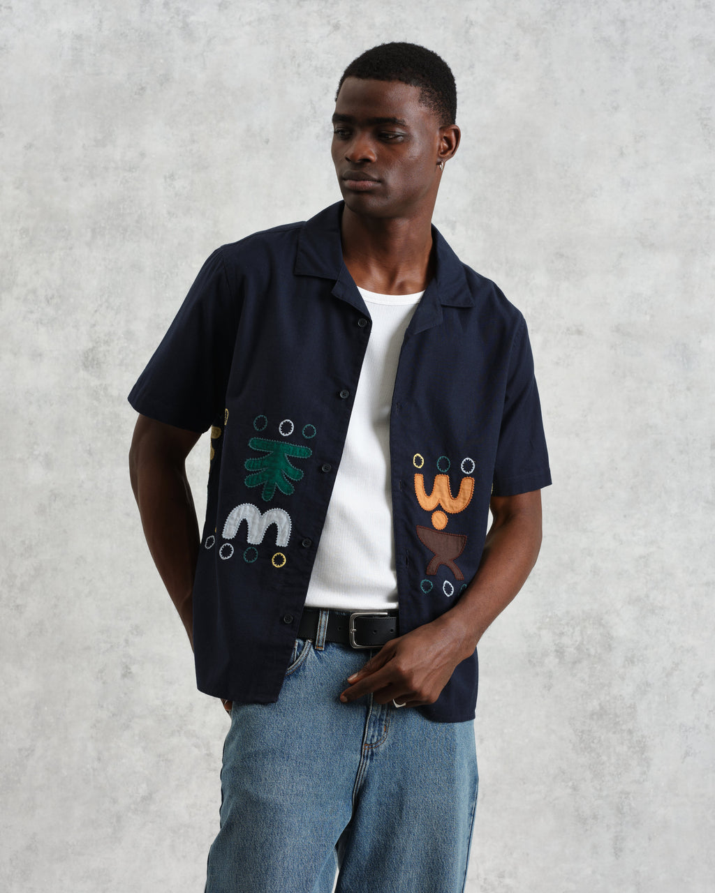Didcot - Navy And Multicolour Bold Doodle Applique Short-Sleeve Shirt