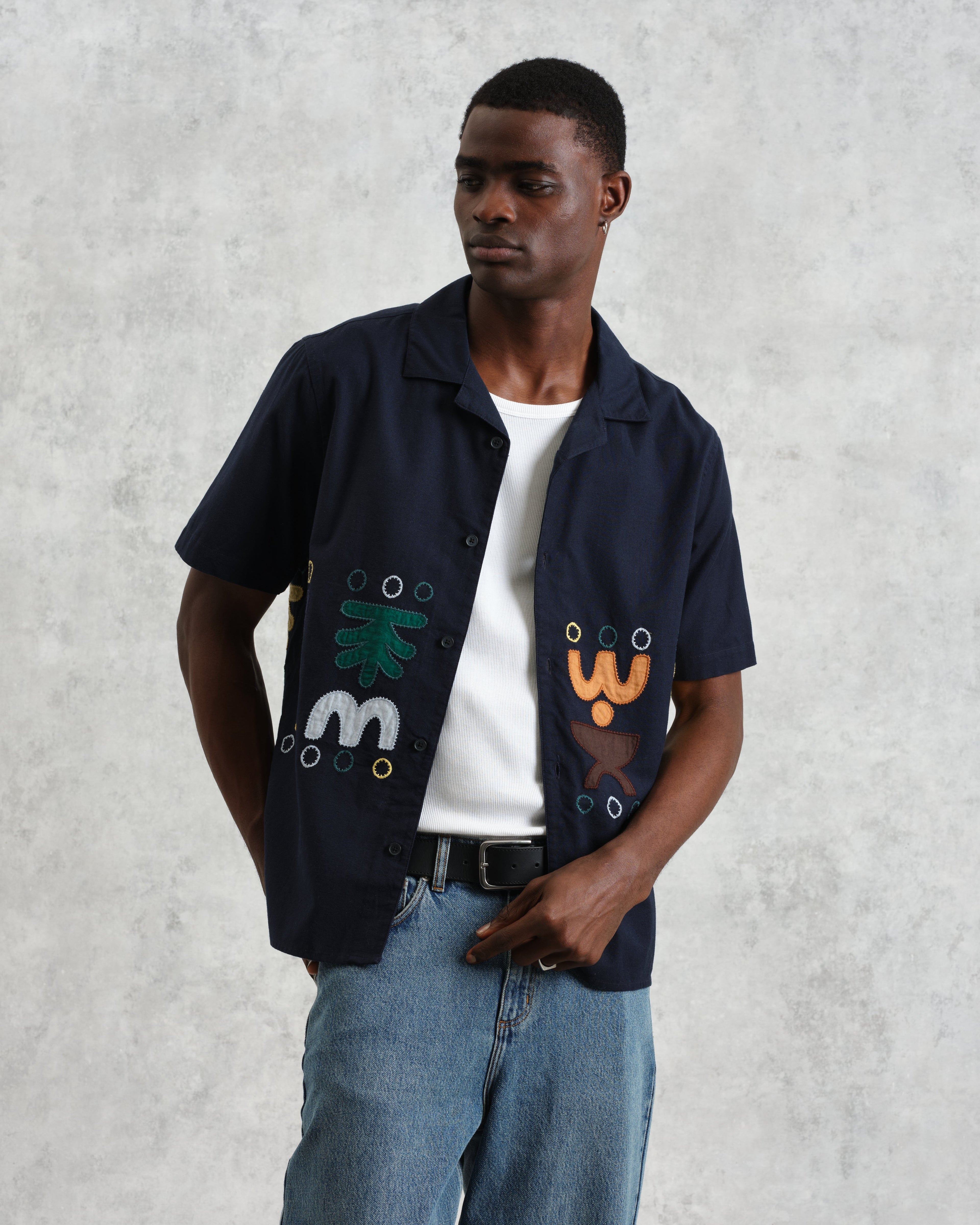 Didcot - Navy And Multicolour Bold Doodle Applique Short-Sleeve Shirt