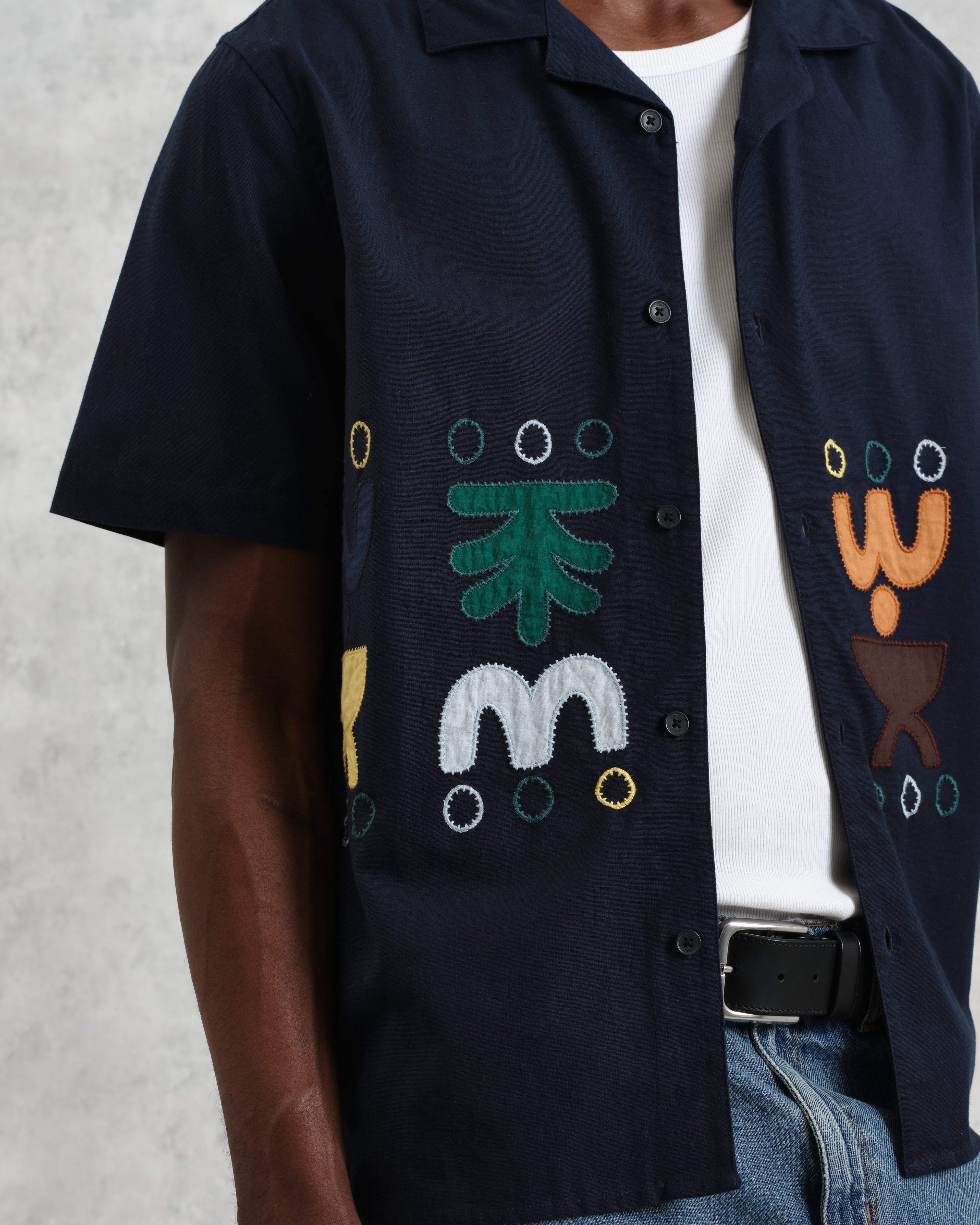 Didcot - Navy And Multicolour Bold Doodle Applique Short-Sleeve Shirt