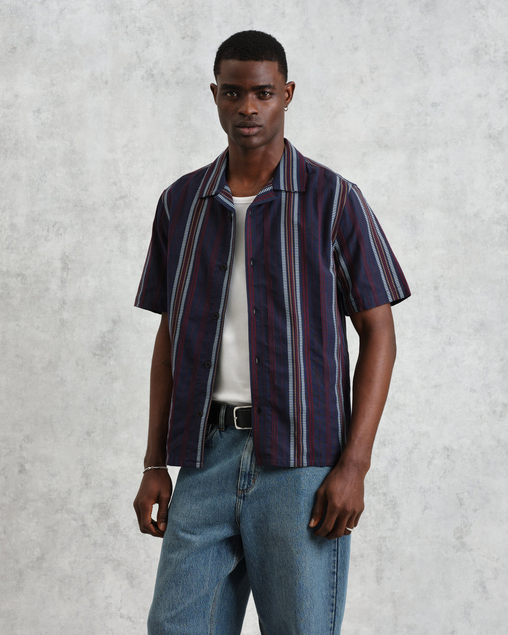 Didcot - Navy And Multicolour Stripe Dobby Cotton Short-Sleeve Shirt