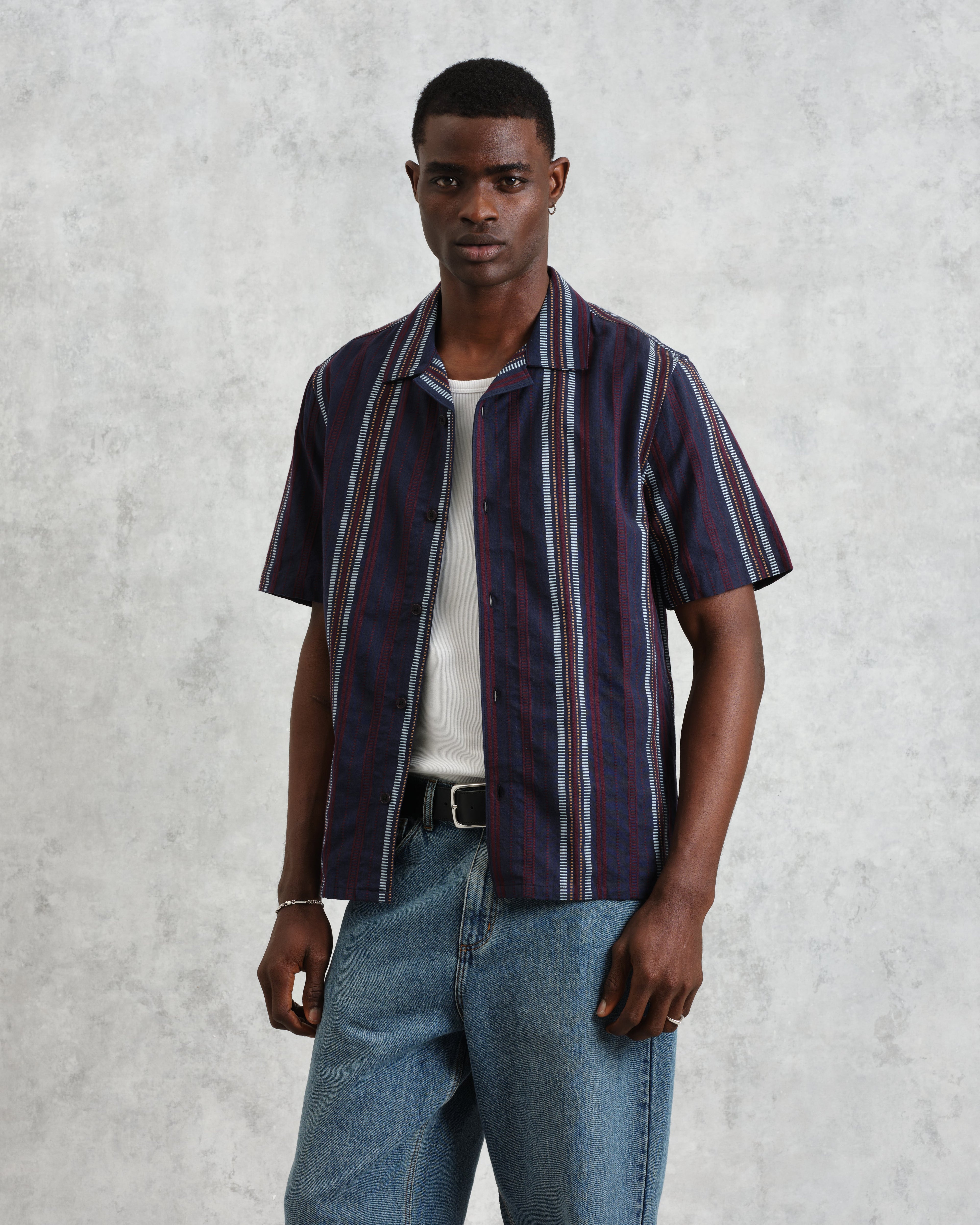 Didcot - Navy And Multicolour Stripe Dobby Cotton Short-Sleeve Shirt