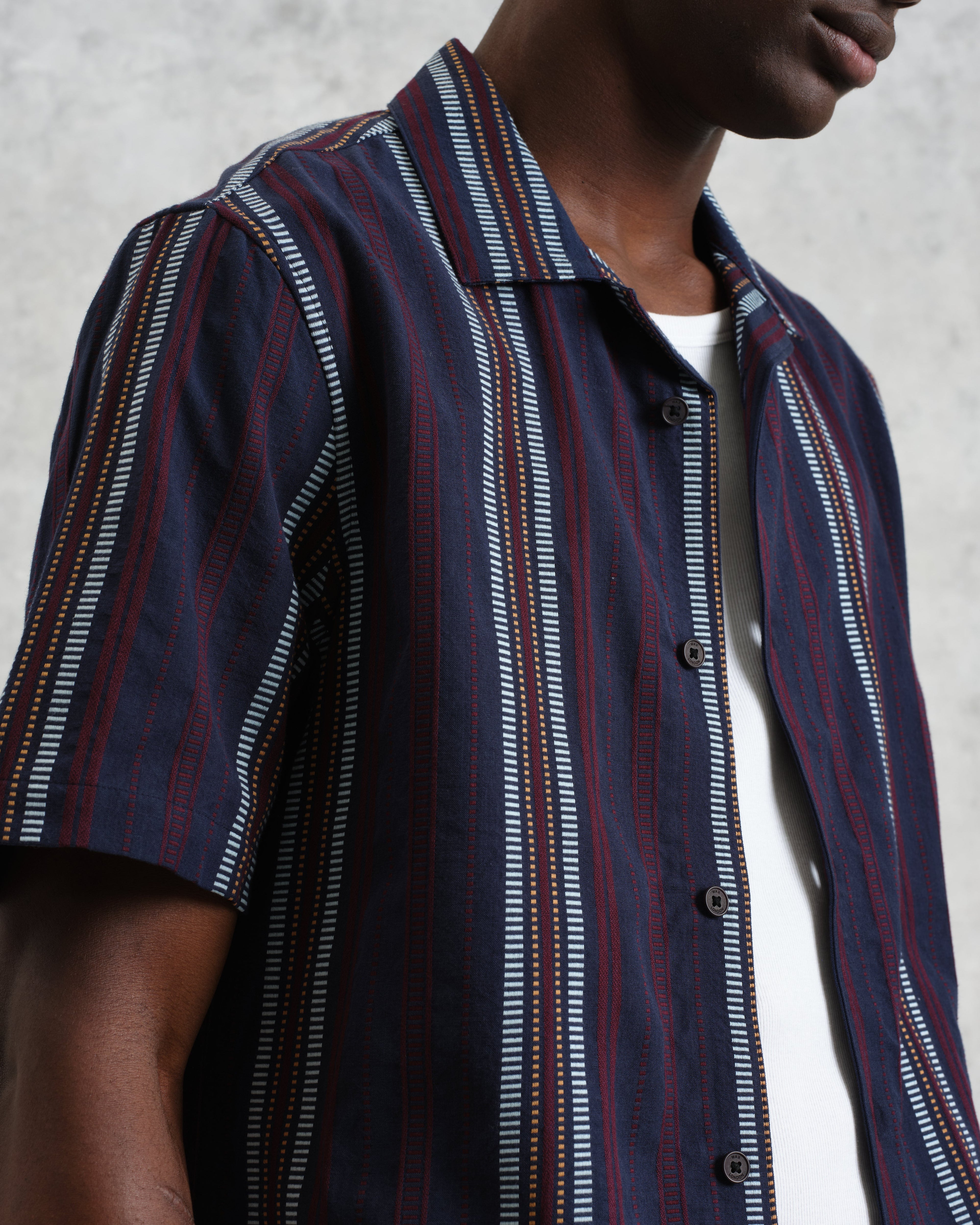 Didcot - Navy And Multicolour Stripe Dobby Cotton Short-Sleeve Shirt