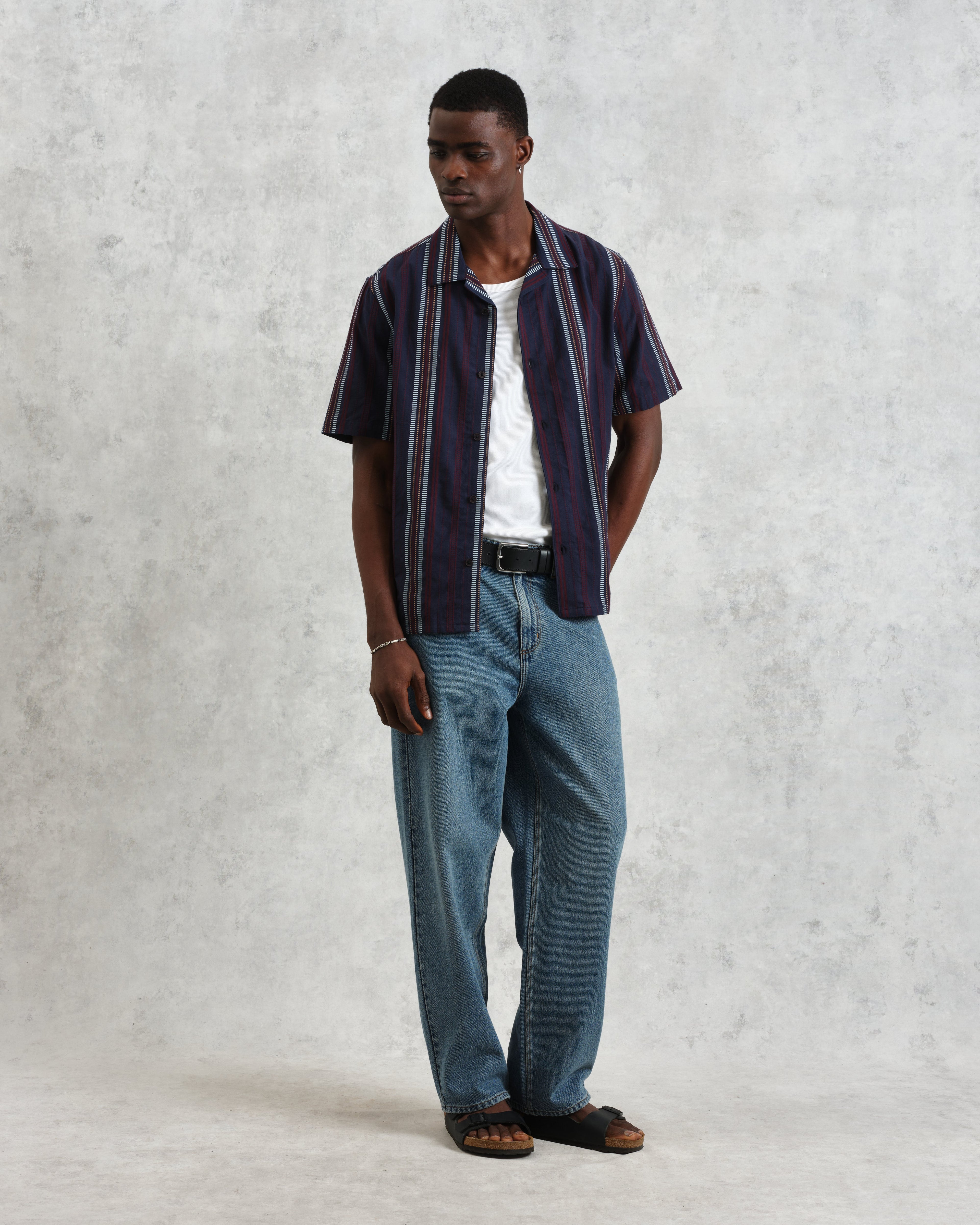 Didcot - Navy And Multicolour Stripe Dobby Cotton Short-Sleeve Shirt