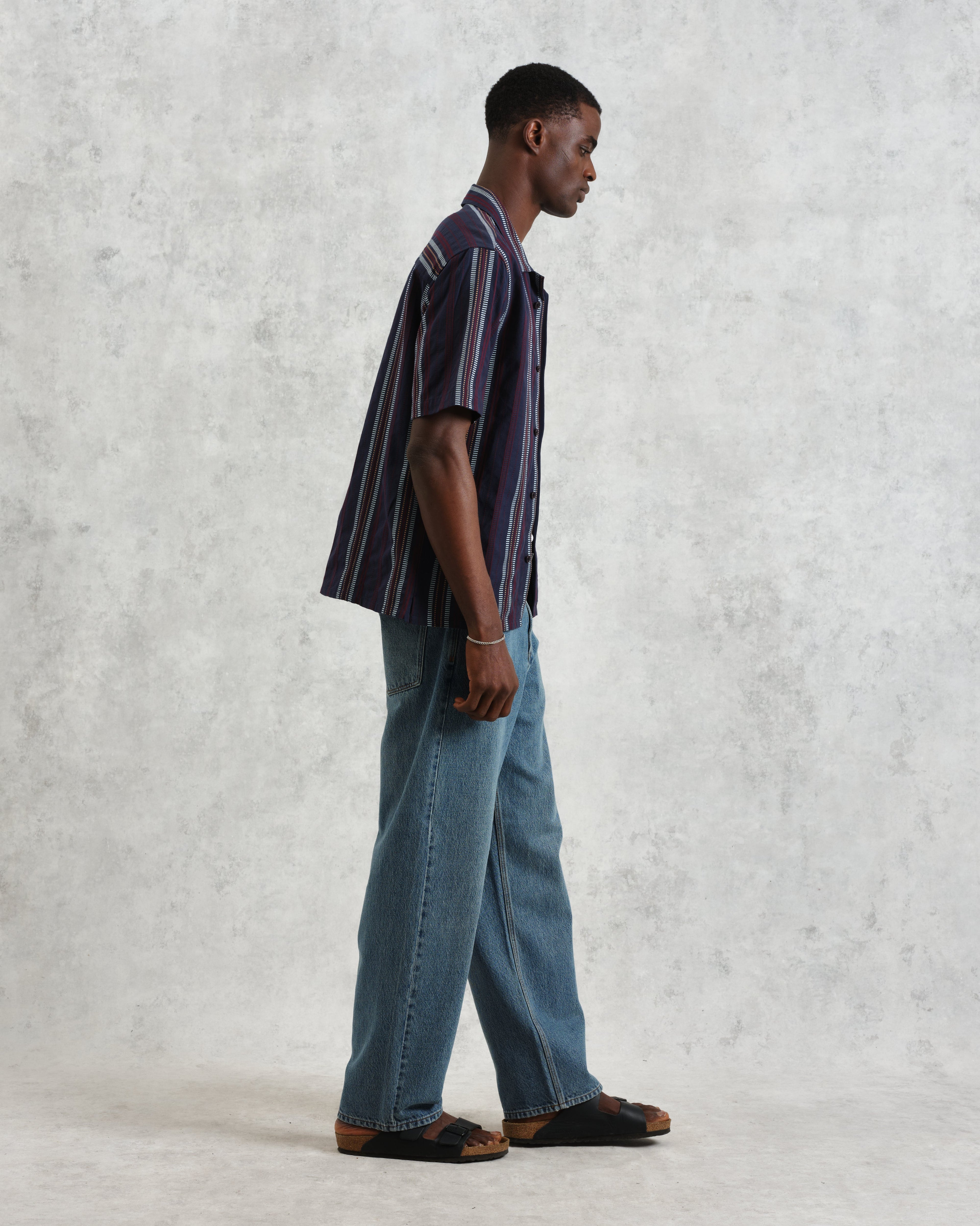 Didcot - Navy And Multicolour Stripe Dobby Cotton Short-Sleeve Shirt