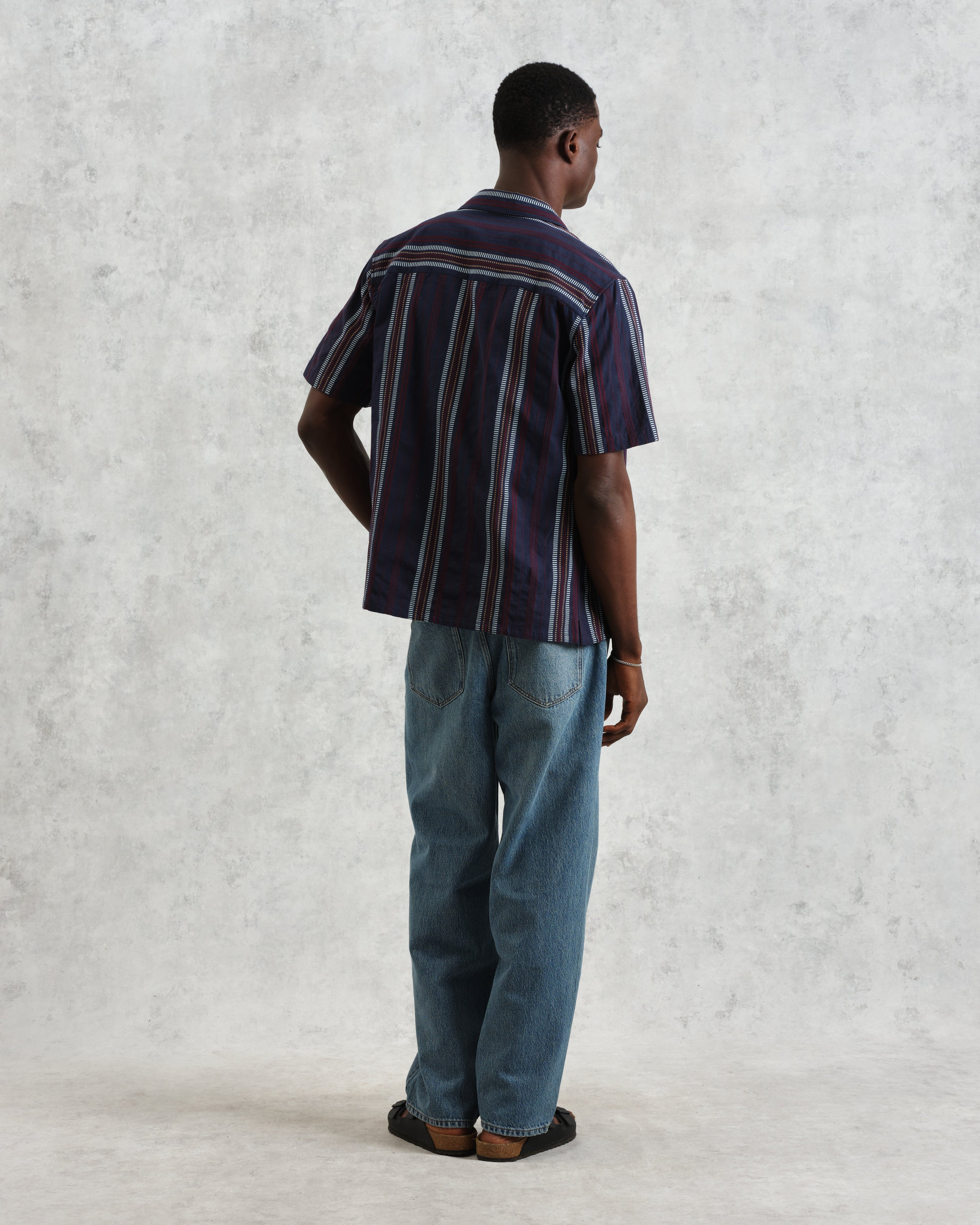 Didcot - Navy And Multicolour Stripe Dobby Cotton Short-Sleeve Shirt