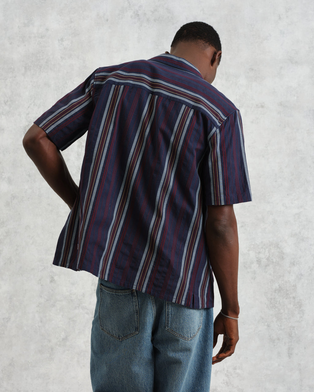 Didcot - Navy And Multicolour Stripe Dobby Cotton Short-Sleeve Shirt