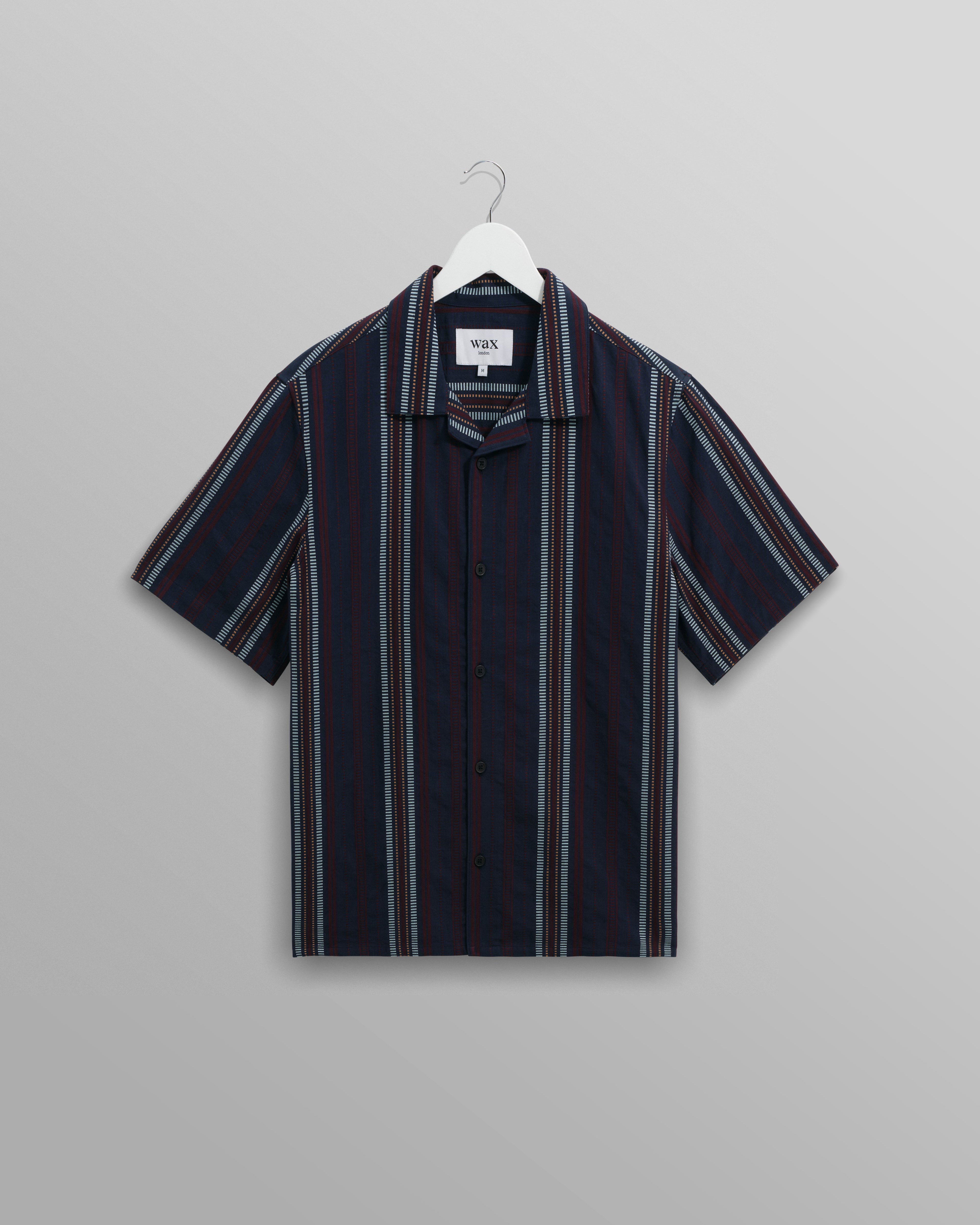 Didcot - Navy And Multicolour Stripe Dobby Cotton Short-Sleeve Shirt