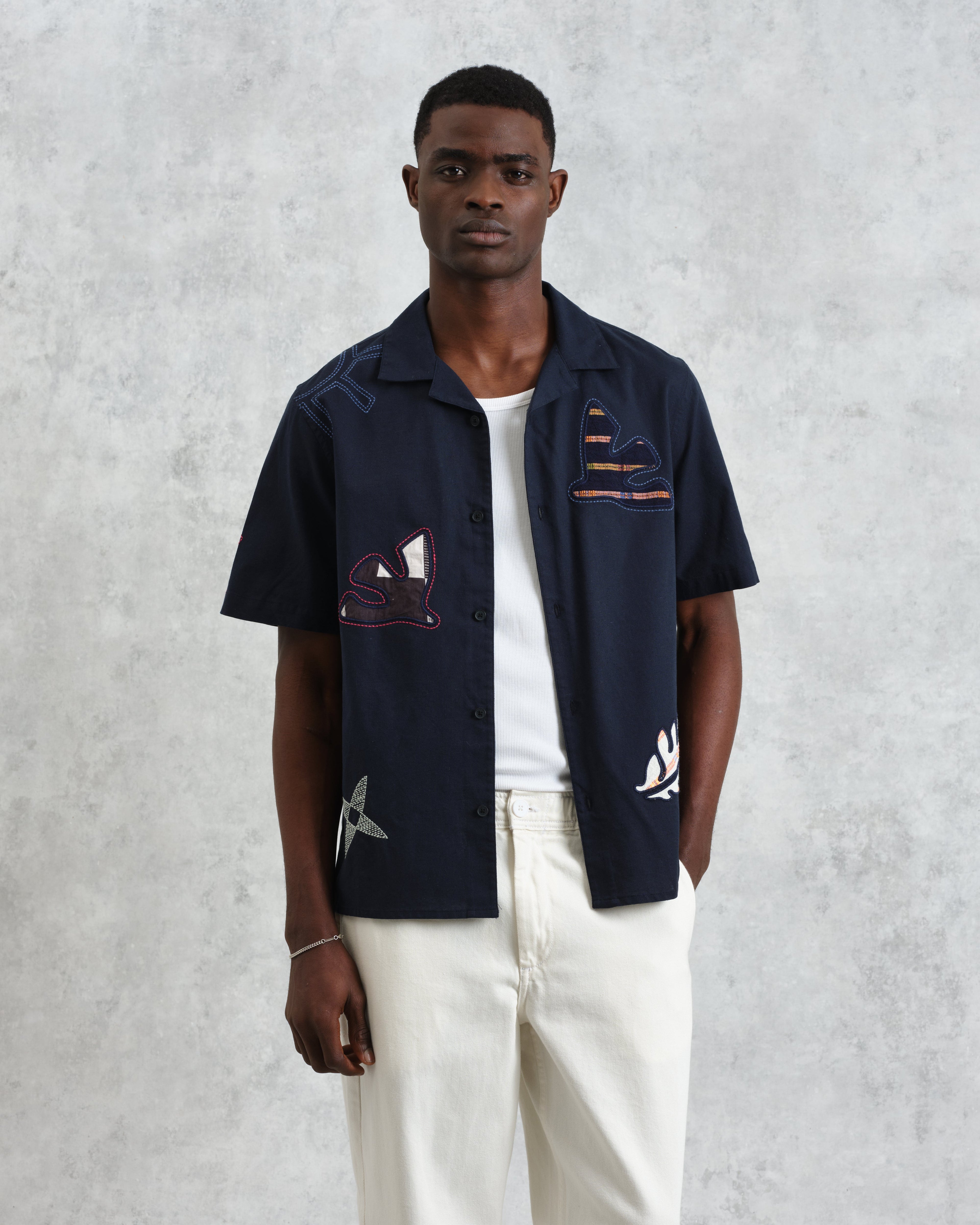 Didcot - Navy Doodle Applique Short-Sleeve Shirt