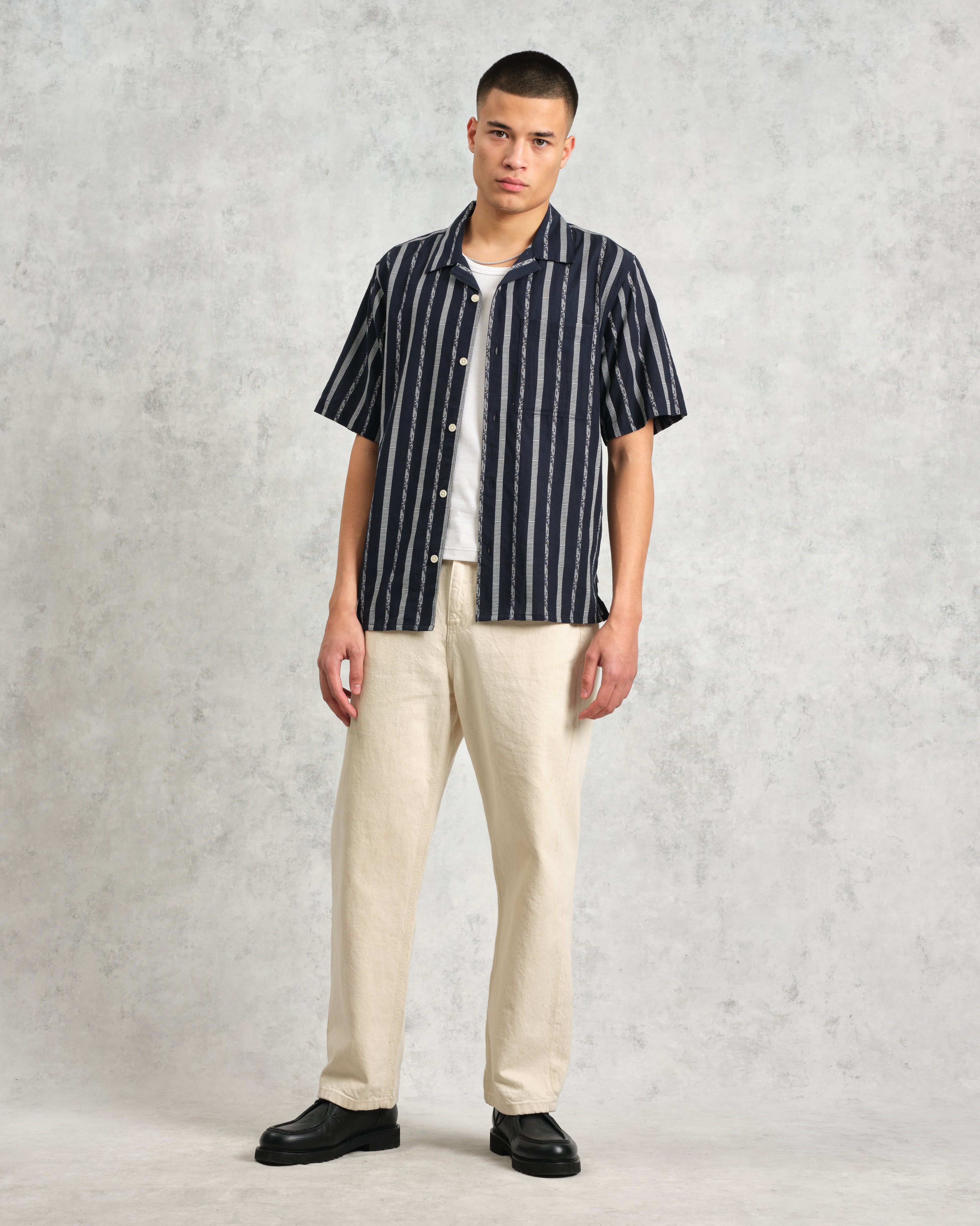 Didcot - Navy Fleck Stripe Short-Sleeve Shirt