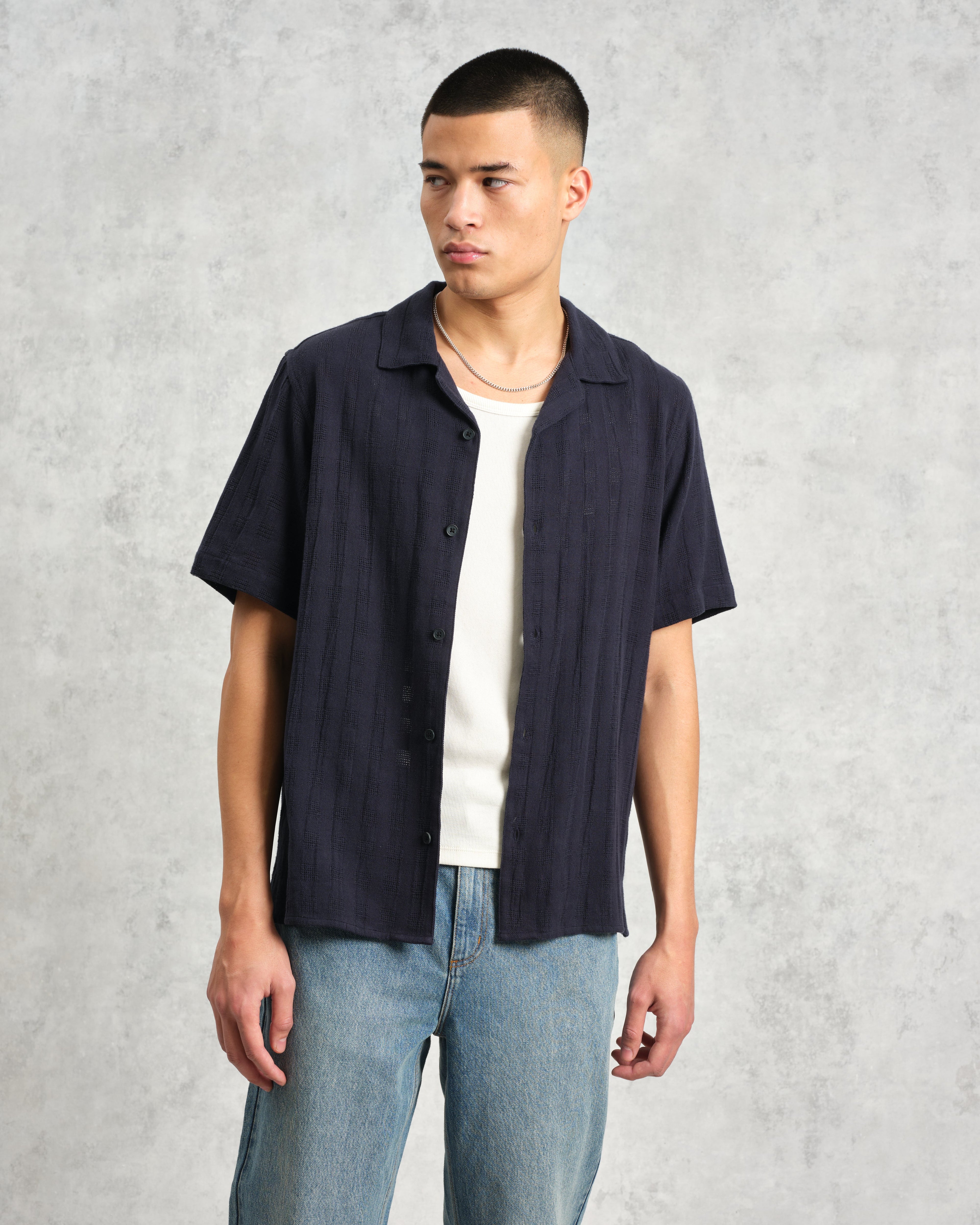 Didcot - Navy Open Weave Cotton Short-Sleeve Shirt