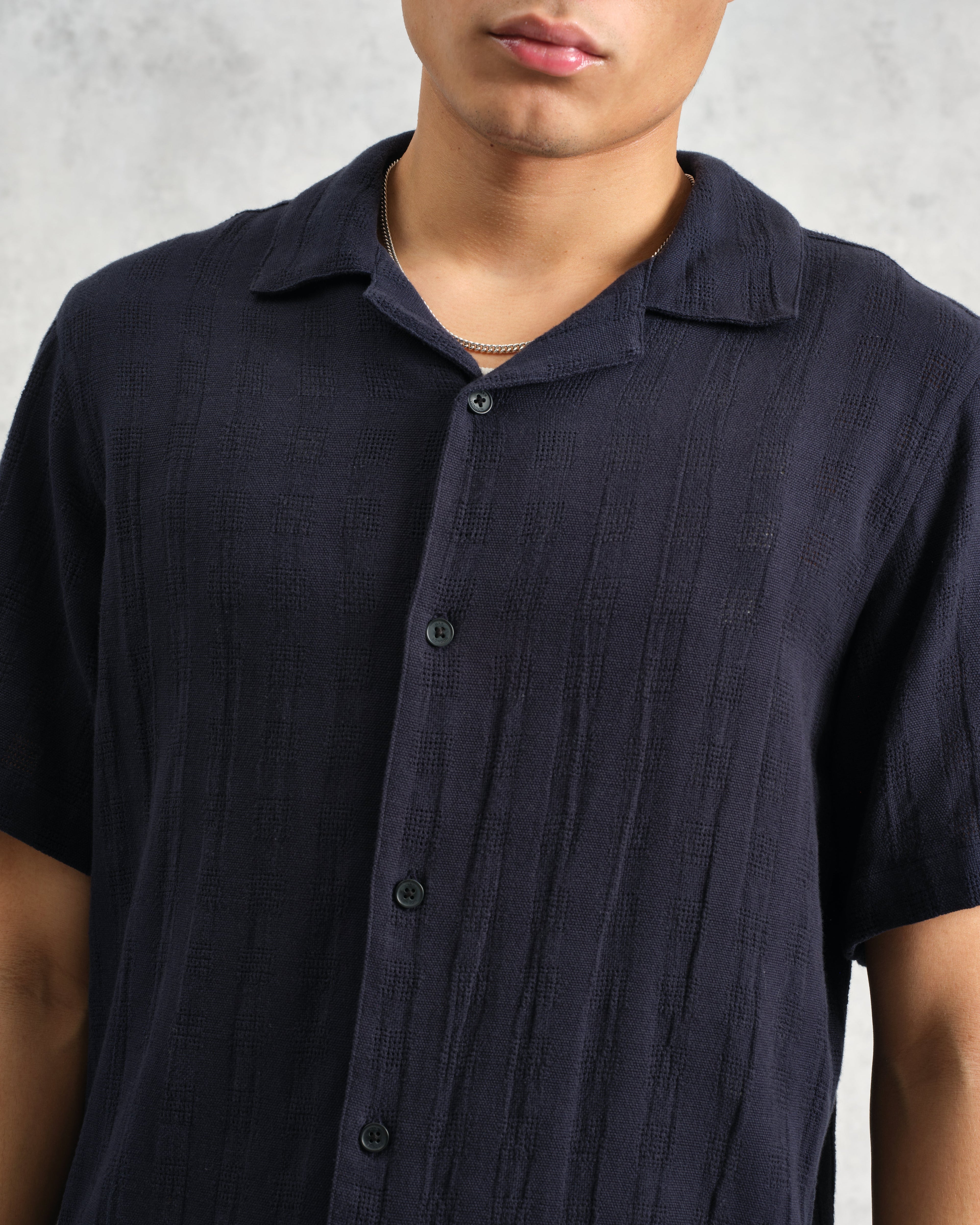 Didcot - Navy Open Weave Cotton Short-Sleeve Shirt