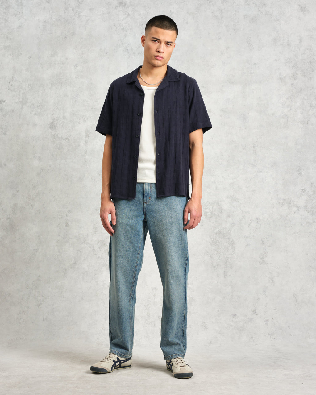 Didcot - Navy Open Weave Cotton Short-Sleeve Shirt