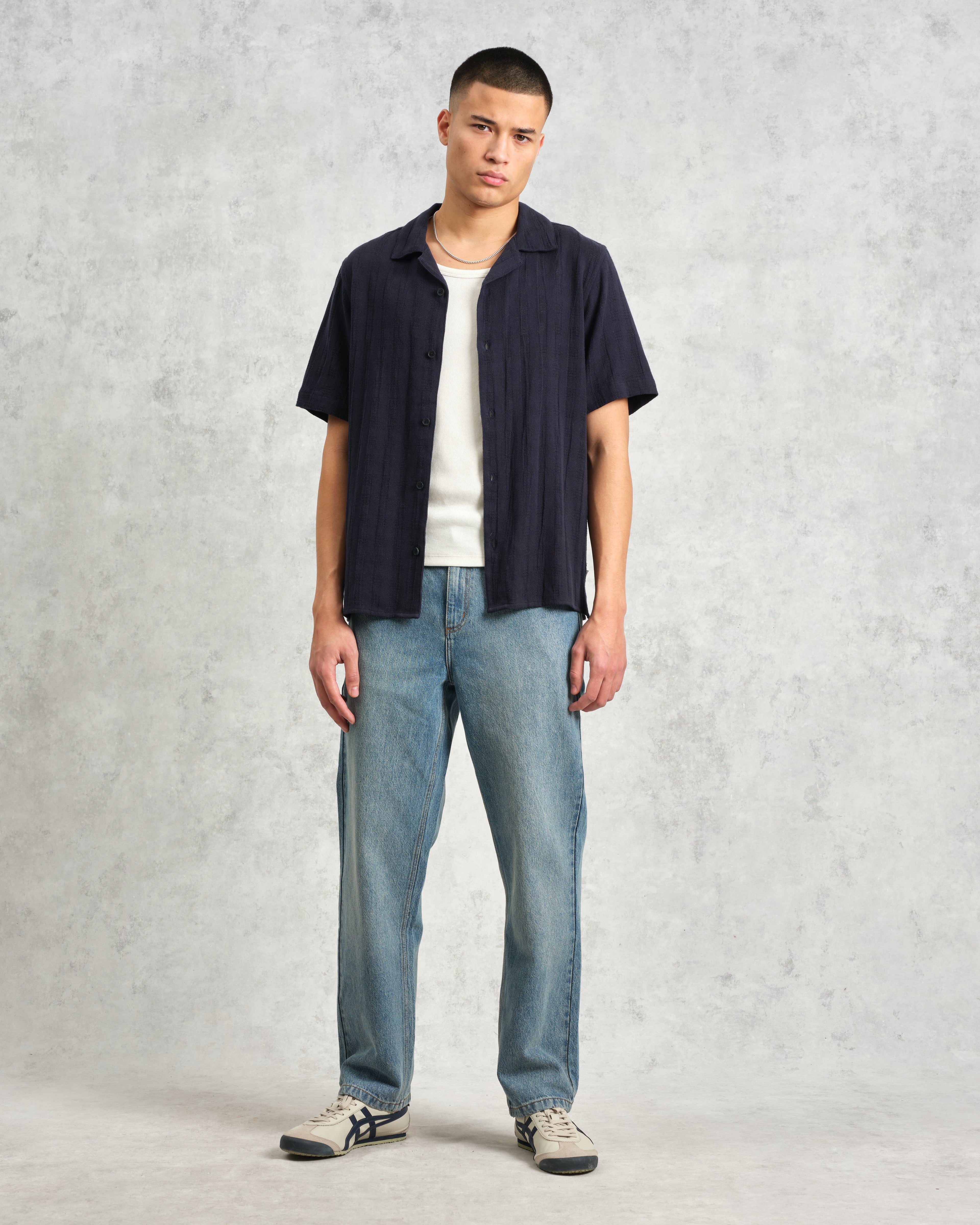 Didcot - Navy Open Weave Cotton Short-Sleeve Shirt