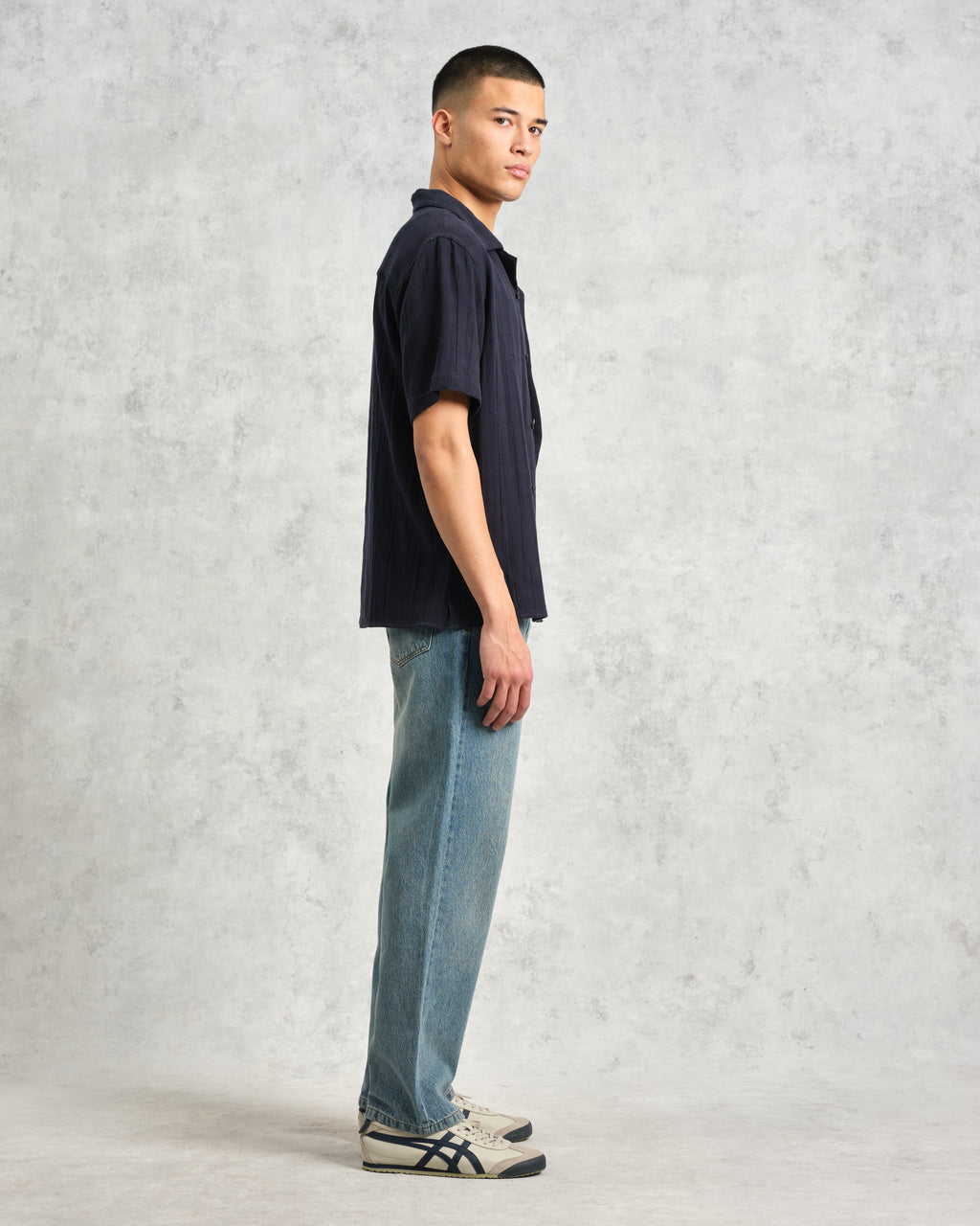 Didcot - Navy Open Weave Cotton Short-Sleeve Shirt