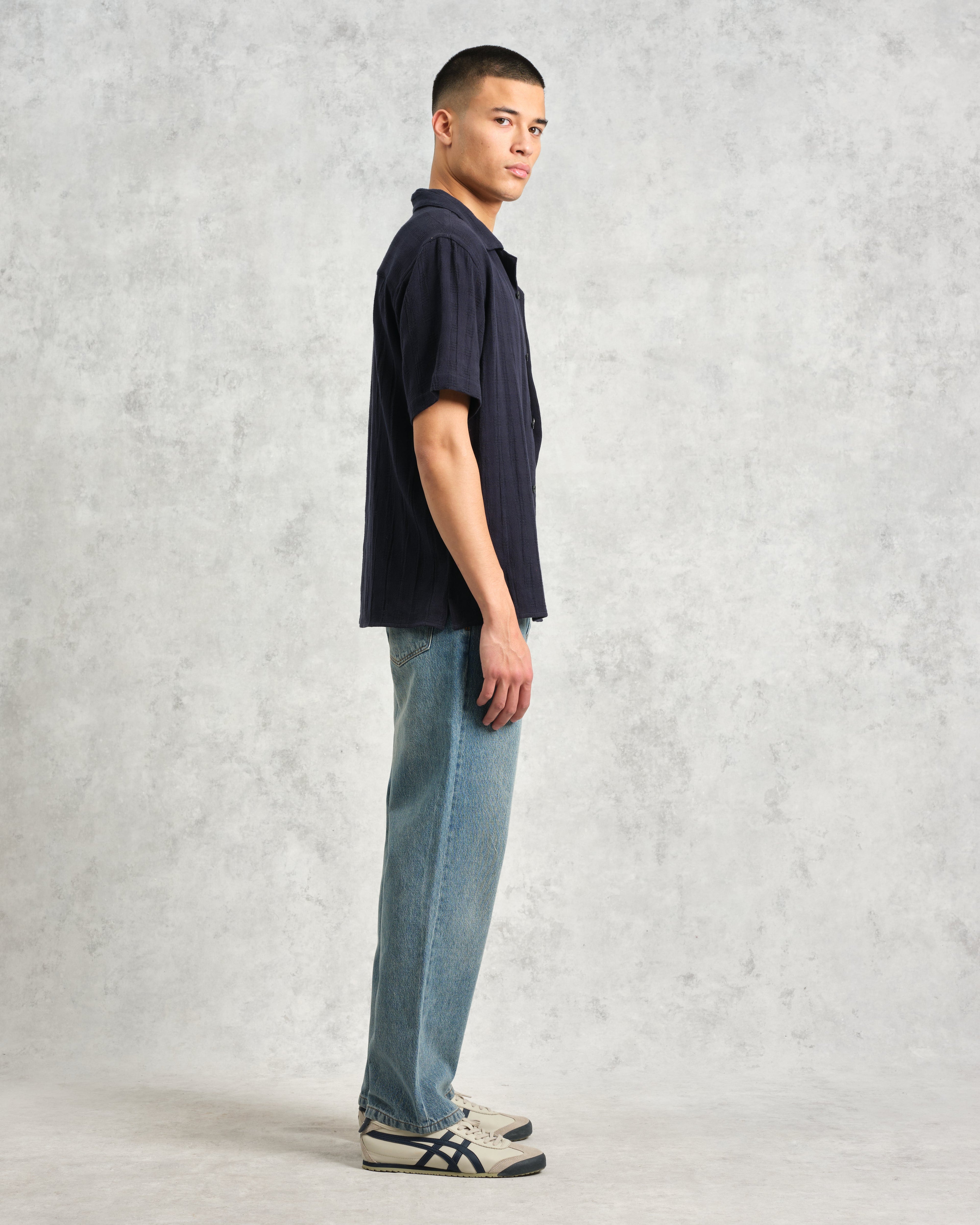 Didcot - Navy Open Weave Cotton Short-Sleeve Shirt