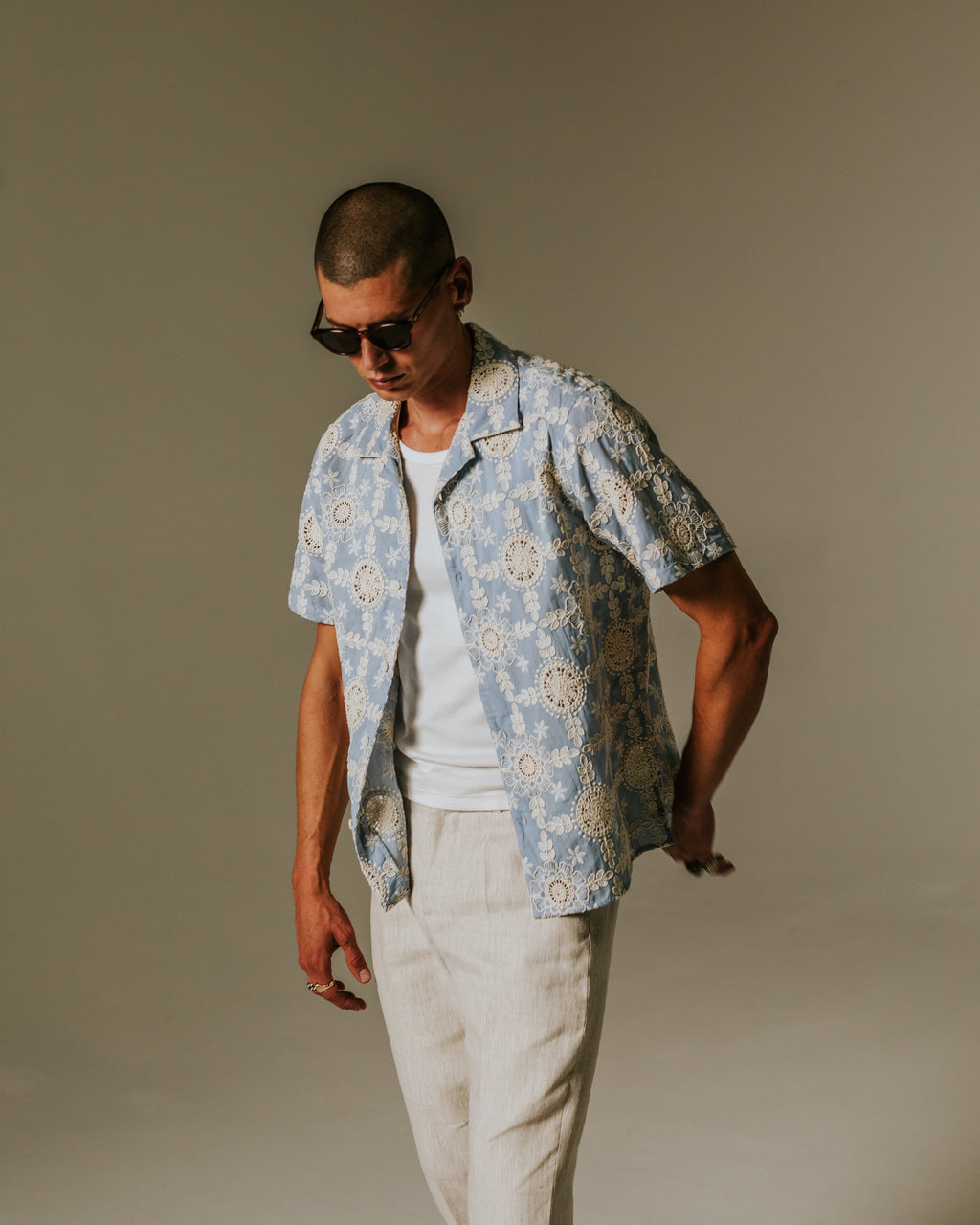 Didcot - Pale Blue Intricate Lace Short-Sleeve Shirt