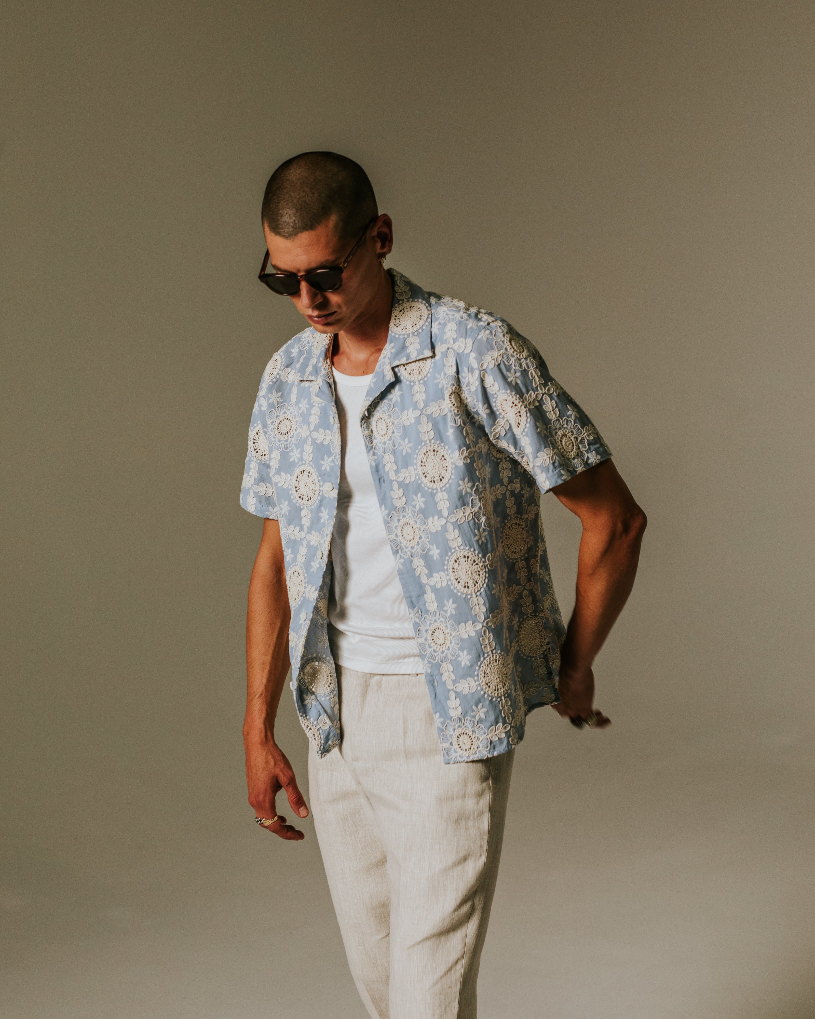 Didcot - Pale Blue Intricate Lace Short-Sleeve Shirt