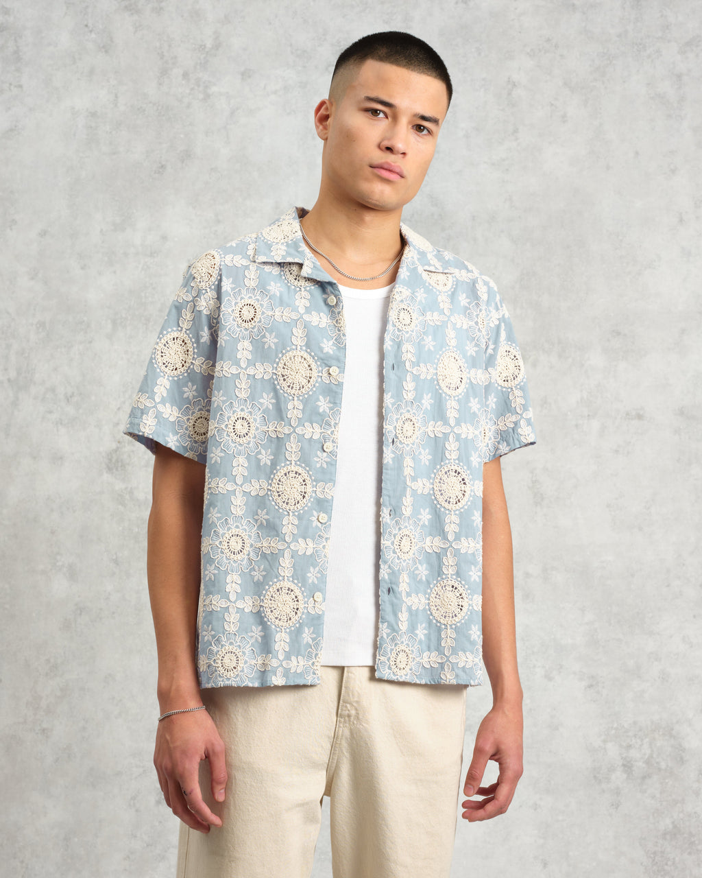 Didcot - Pale Blue Intricate Lace Short-Sleeve Shirt
