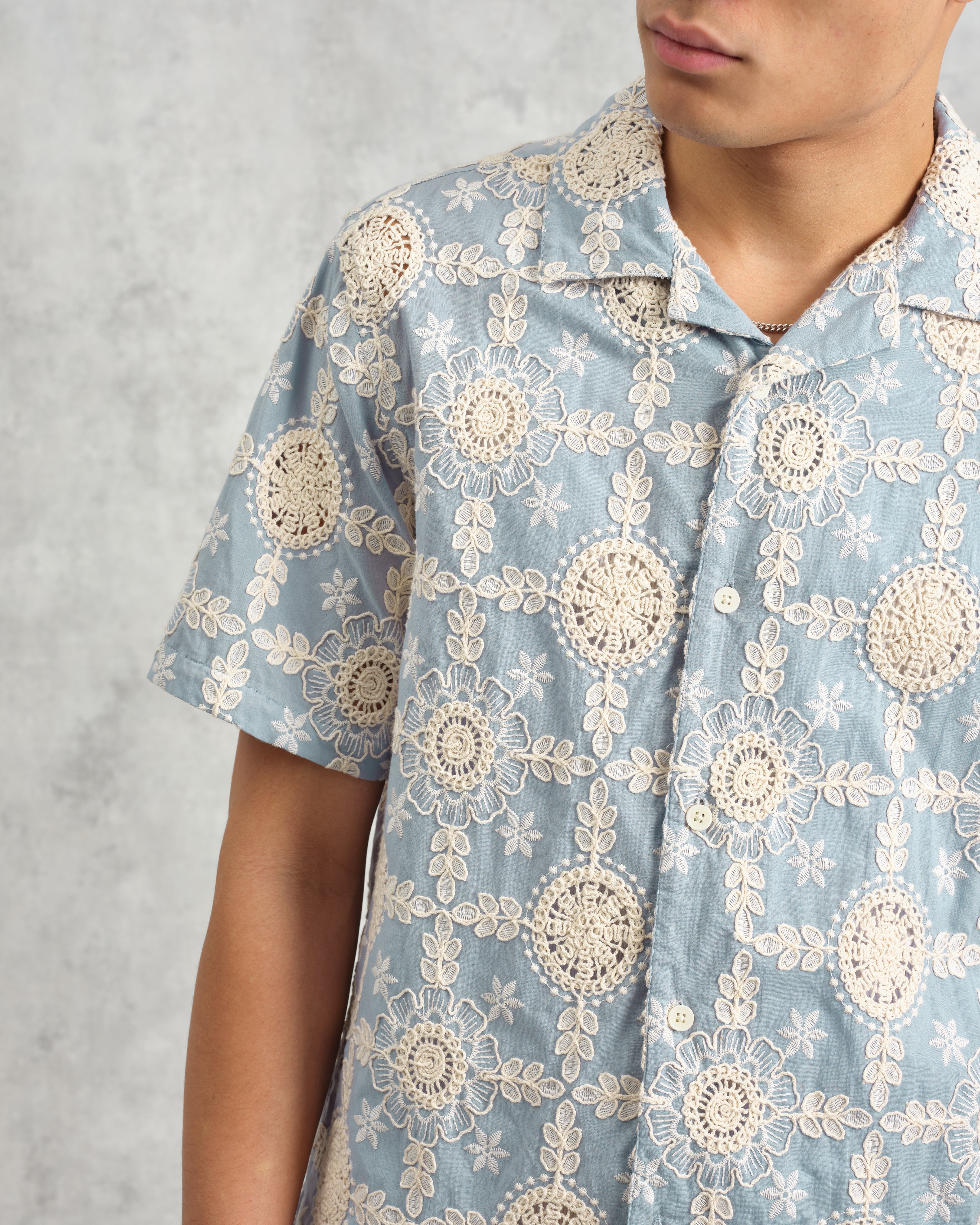 Didcot - Pale Blue Intricate Lace Short-Sleeve Shirt