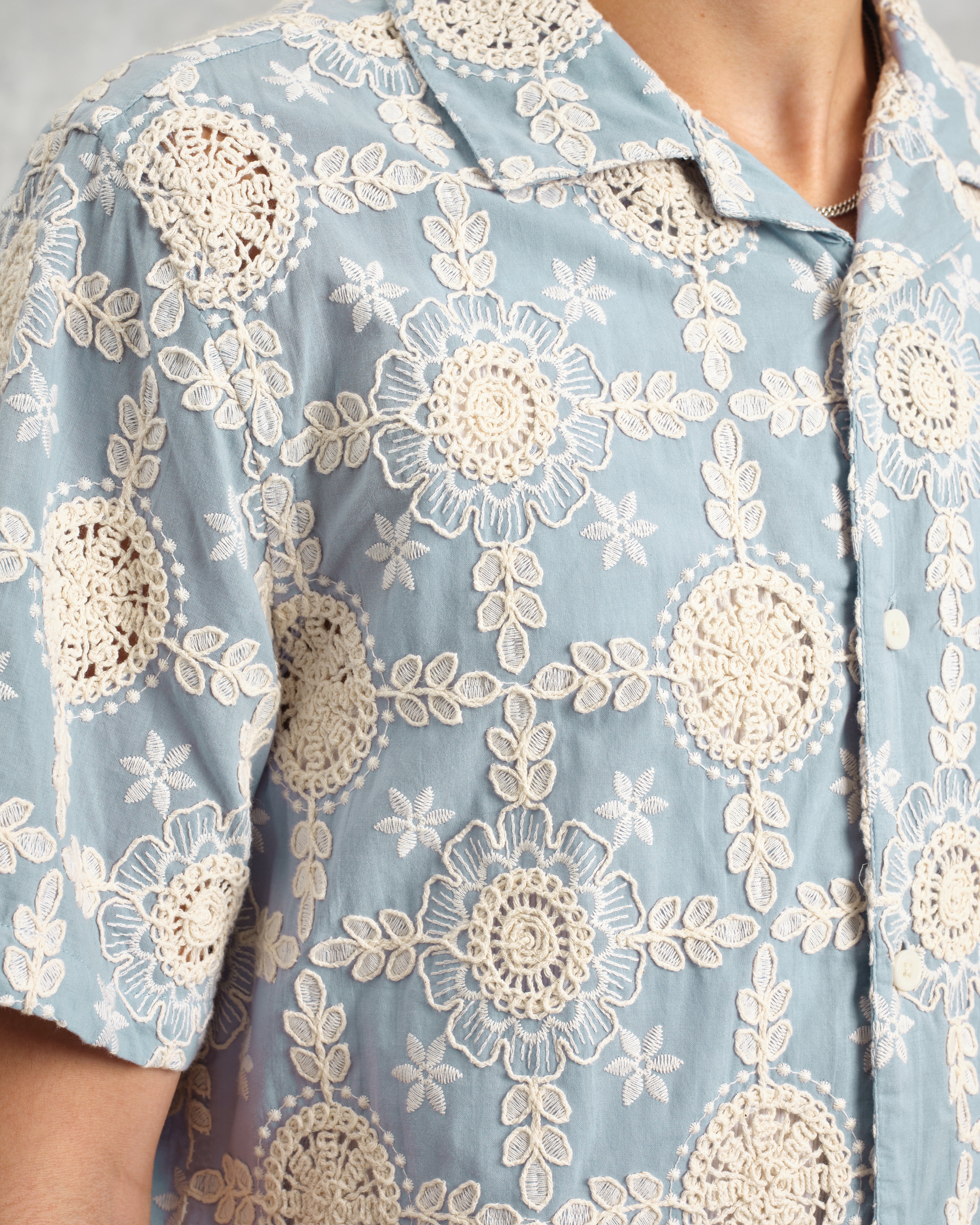 Didcot - Pale Blue Intricate Lace Short-Sleeve Shirt