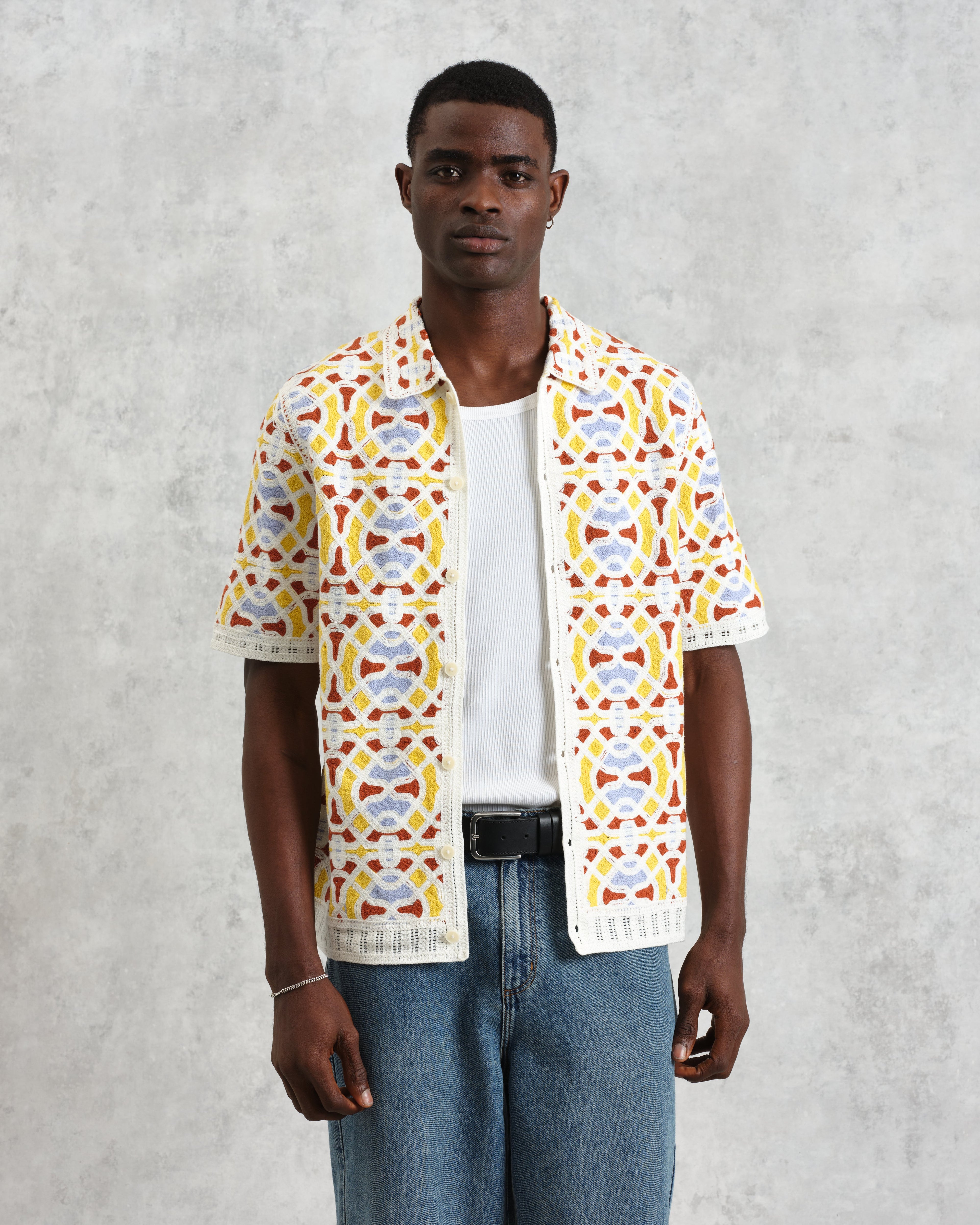 Dorset - Ecru And Multicolour Crochet Knitted Polo Shirt