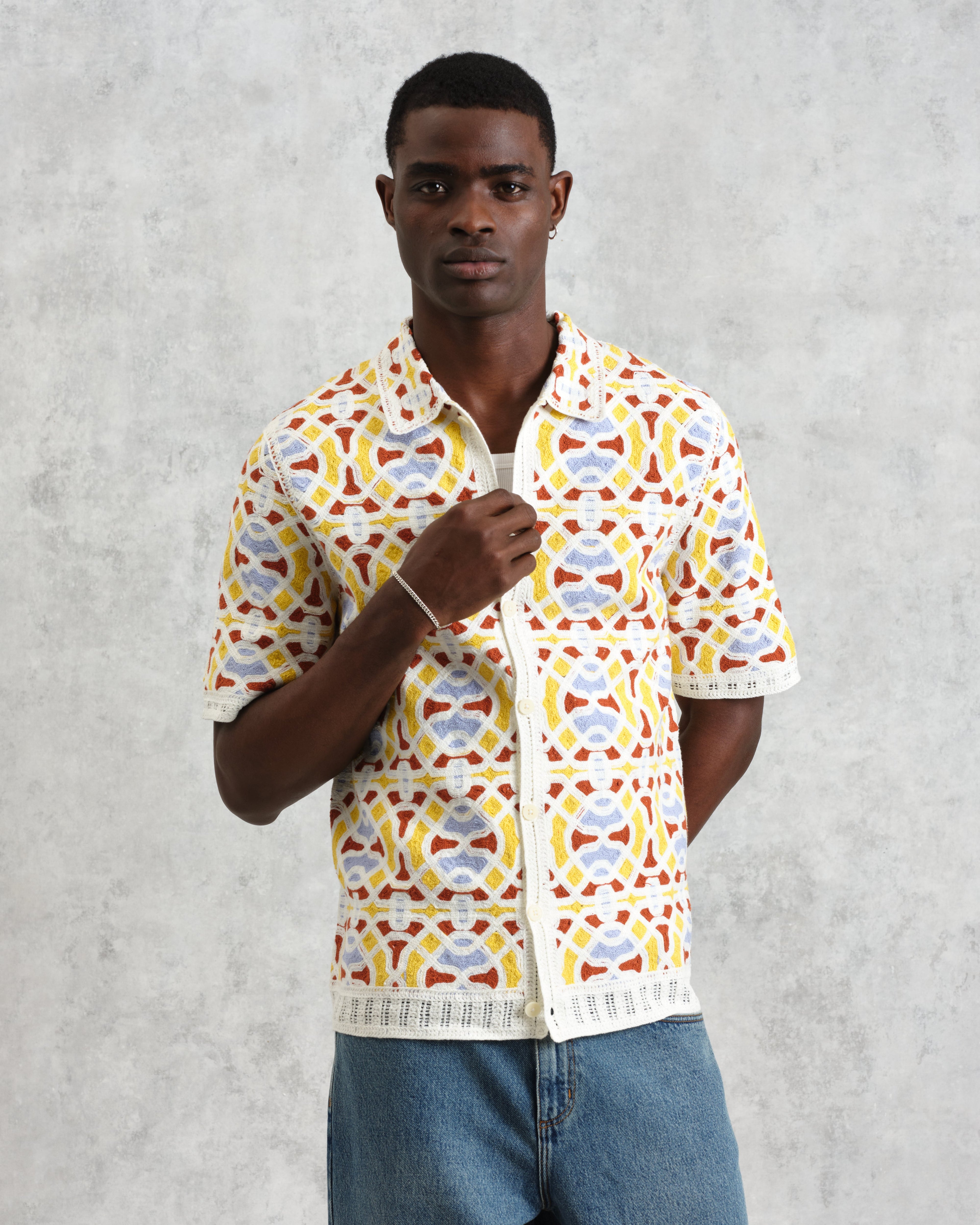 Dorset - Ecru And Multicolour Crochet Knitted Polo Shirt