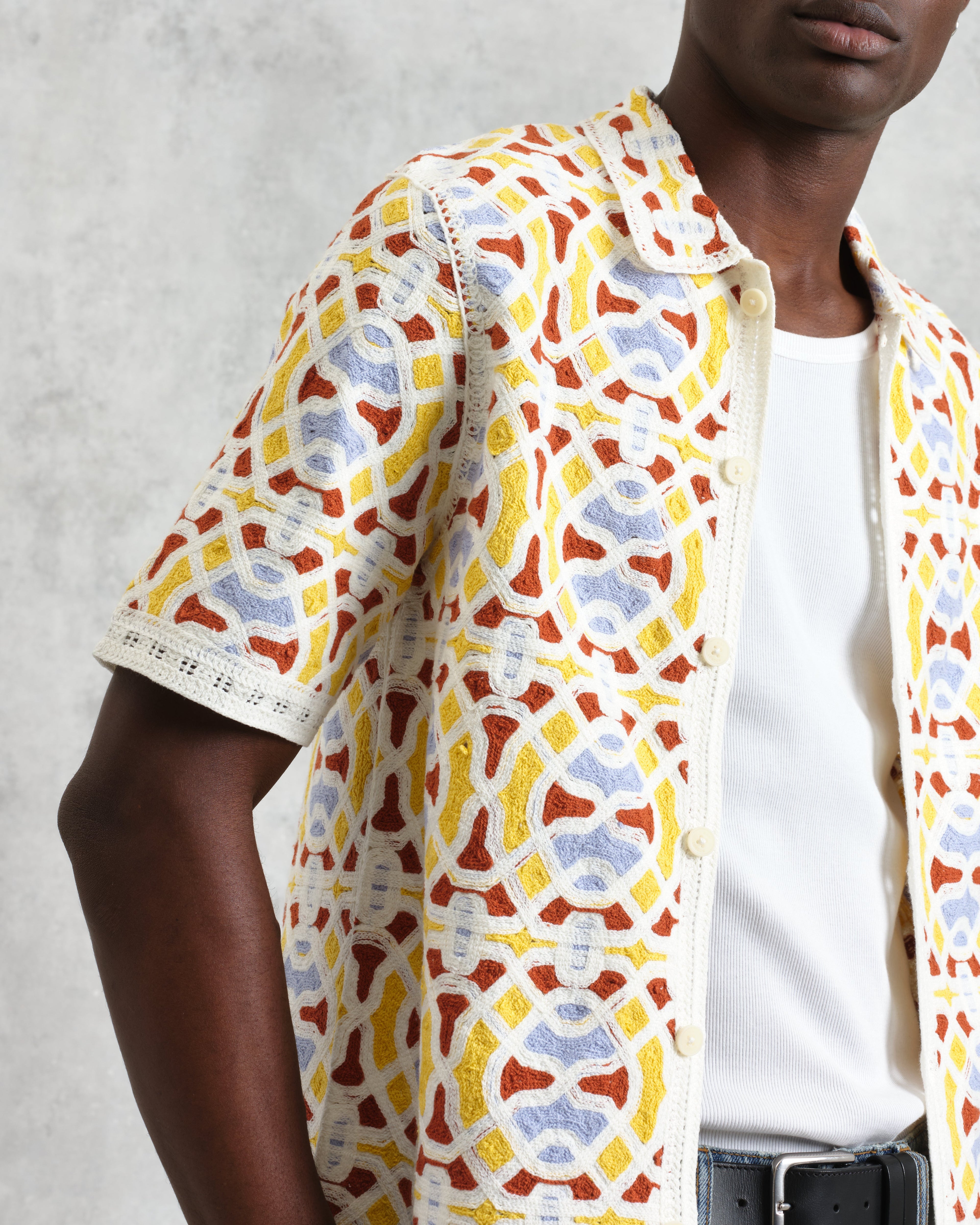Dorset - Ecru And Multicolour Crochet Knitted Polo Shirt