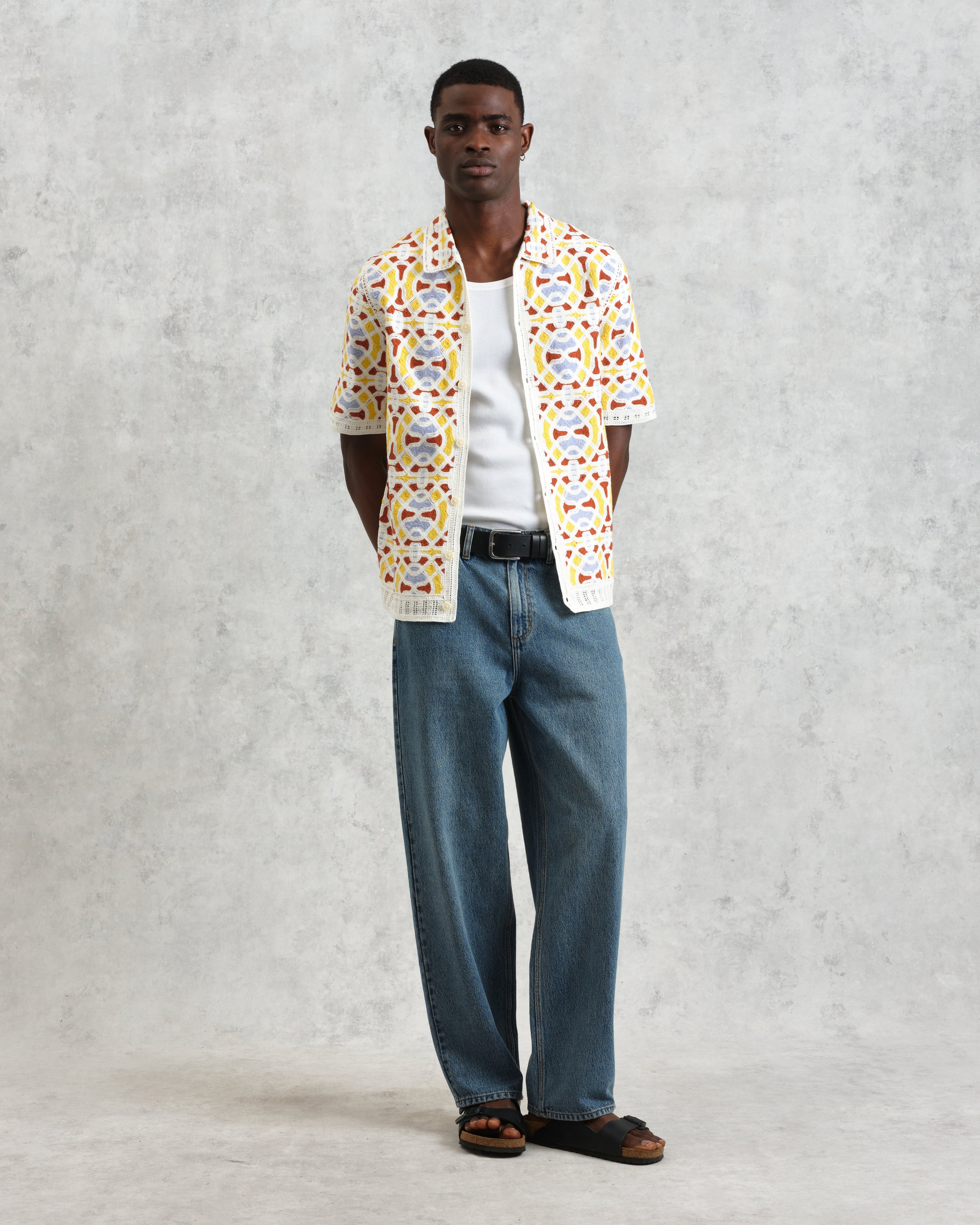 Dorset - Ecru And Multicolour Crochet Knitted Polo Shirt